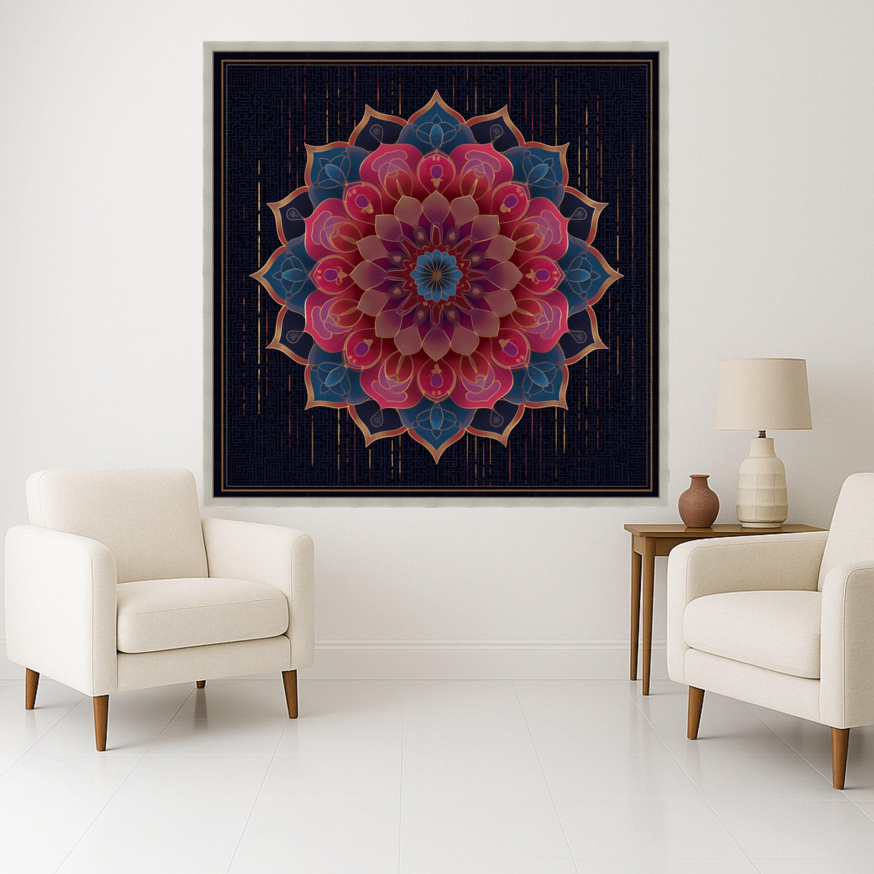 Elegant Mandala Canvas Wall Art, Floral Geometric Design, Boho Chic Home Decor, Vibrant Pink and Blue Pattern, Luxury Bedroom Ready To Hang,