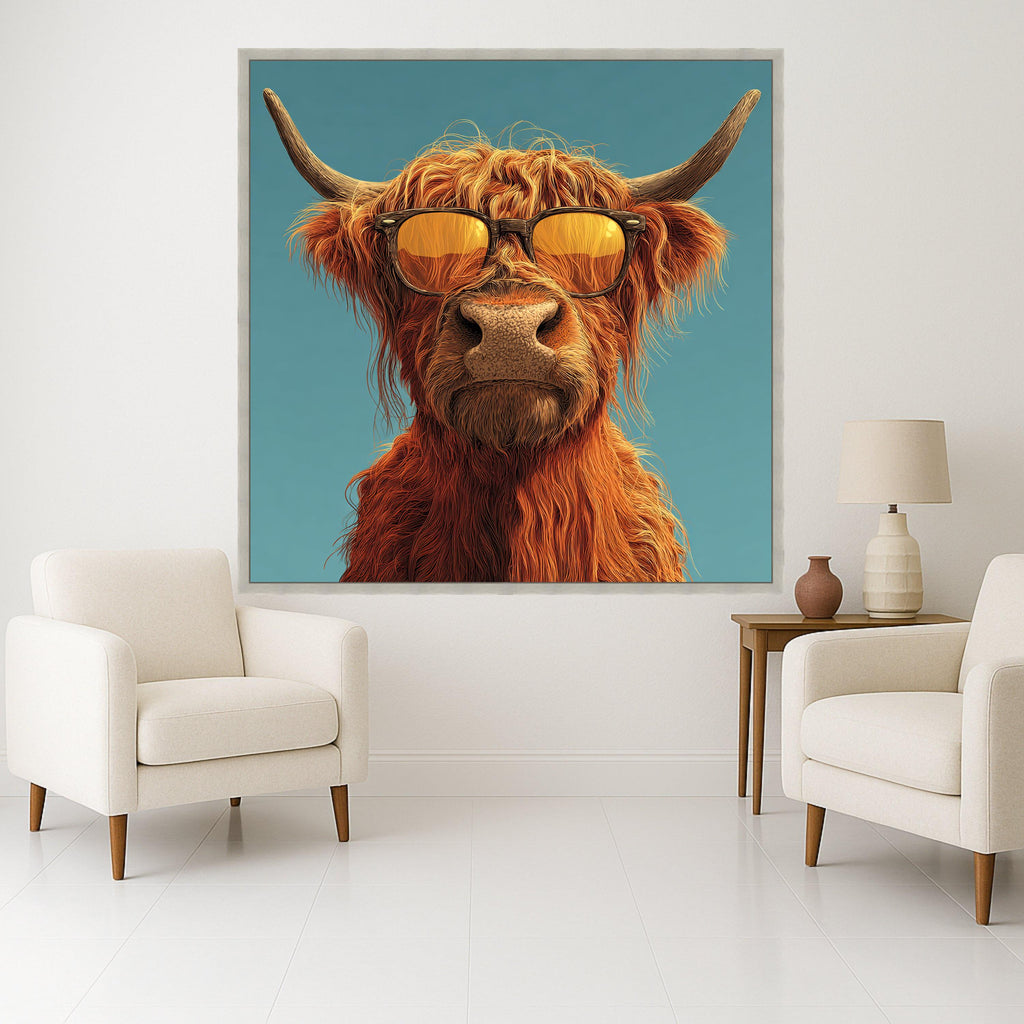 Cool Highland Cow Canvas Wall Art, Sunglasses Animal Portrait, Modern Farmhouse Decor, Funny Animal Canvas, Rustic Home Ready To Hang,