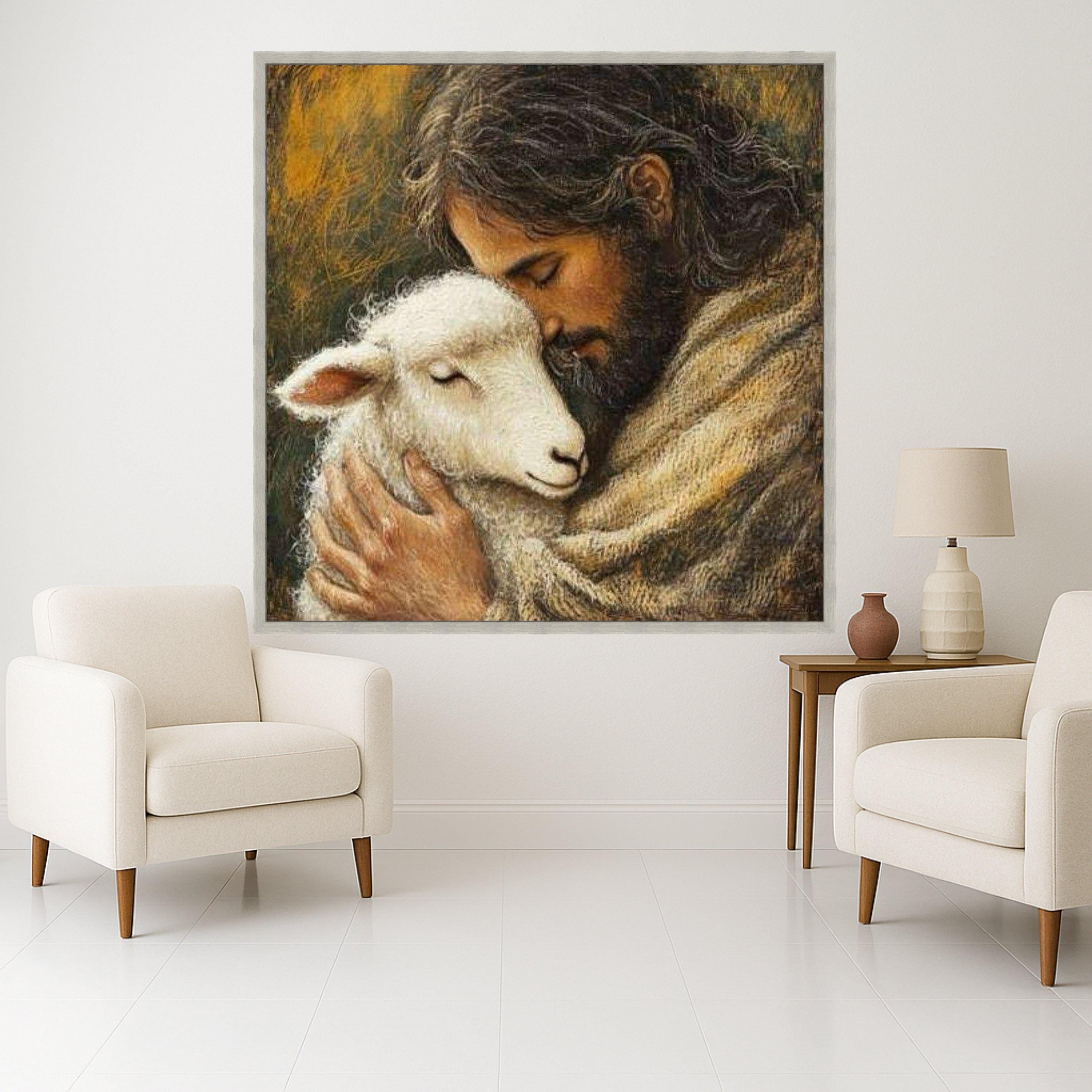 Jesus with Lamb Canvas Wall Art, Spiritual Christian Canvas, Religious Home Decor, Peaceful Faith Artwork, Inspirational Wall Ready To Hang,