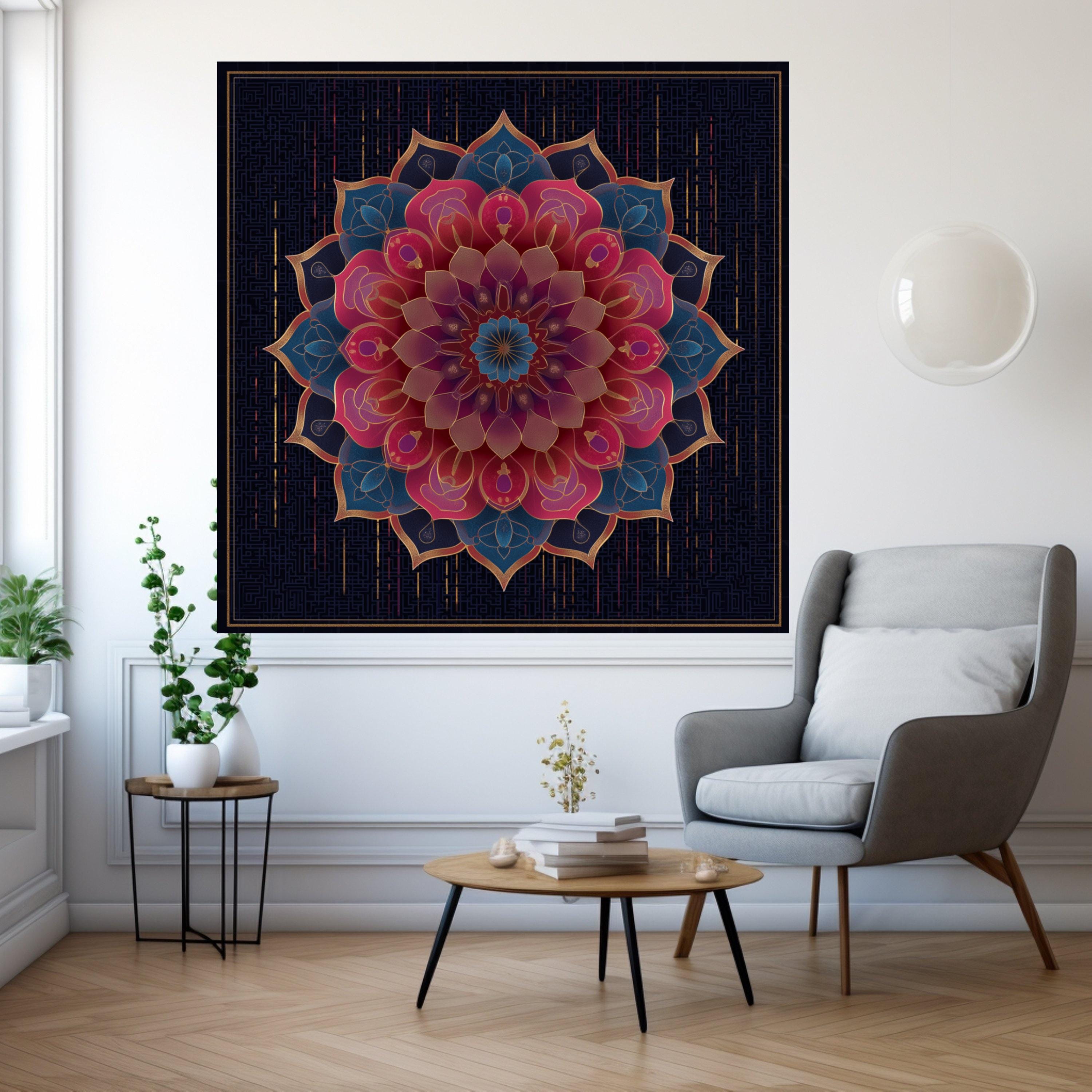 Elegant Mandala Canvas Wall Art, Floral Geometric Design, Boho Chic Home Decor, Vibrant Pink and Blue Pattern, Luxury Bedroom Ready To Hang,