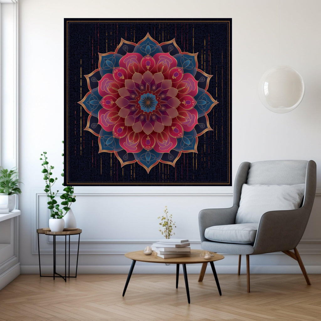 Elegant Mandala Canvas Wall Art, Floral Geometric Design, Boho Chic Home Decor, Vibrant Pink and Blue Pattern, Luxury Bedroom Ready To Hang,