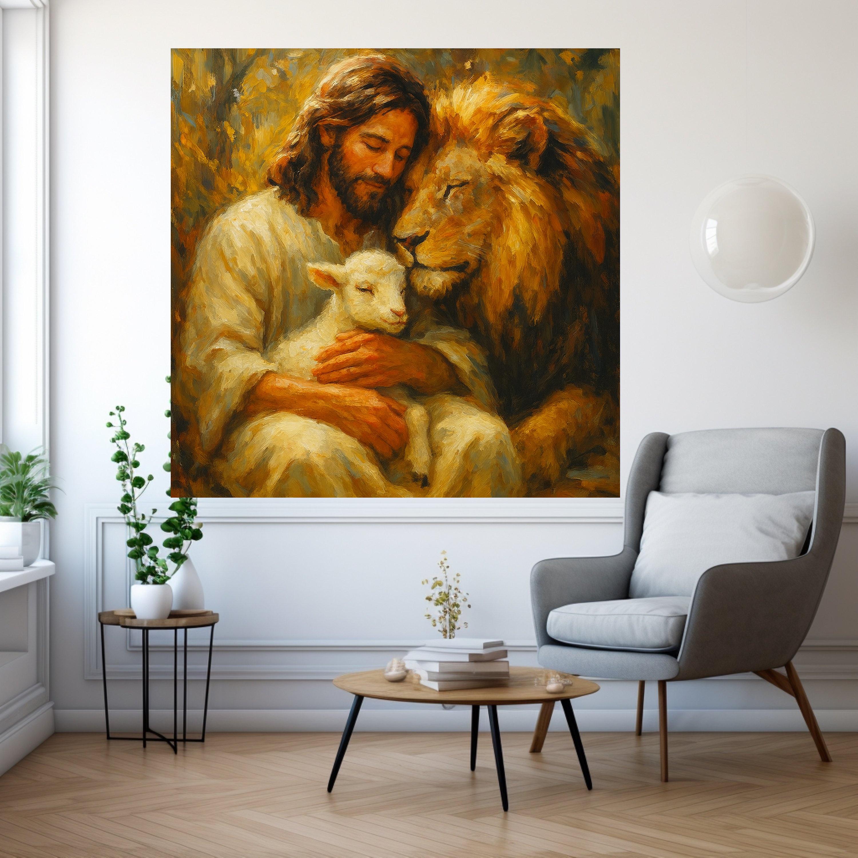 Jesus with Lamb and Lion, Spiritual Canvas Wall Art, Christian Inspirational Painting, Faith Home Decor, Religious Wall Ready To Hang,