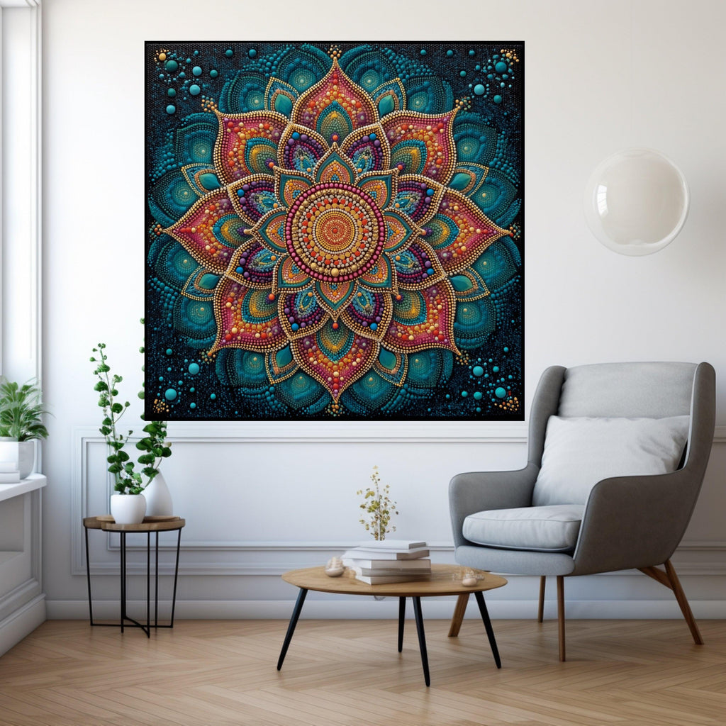 Vibrant Mandala Canvas Wall Art, Colorful Dot Pattern, Boho Home Decoration, Spiritual Geometric Design, Ready to Hang Canvas Ready To Hang,