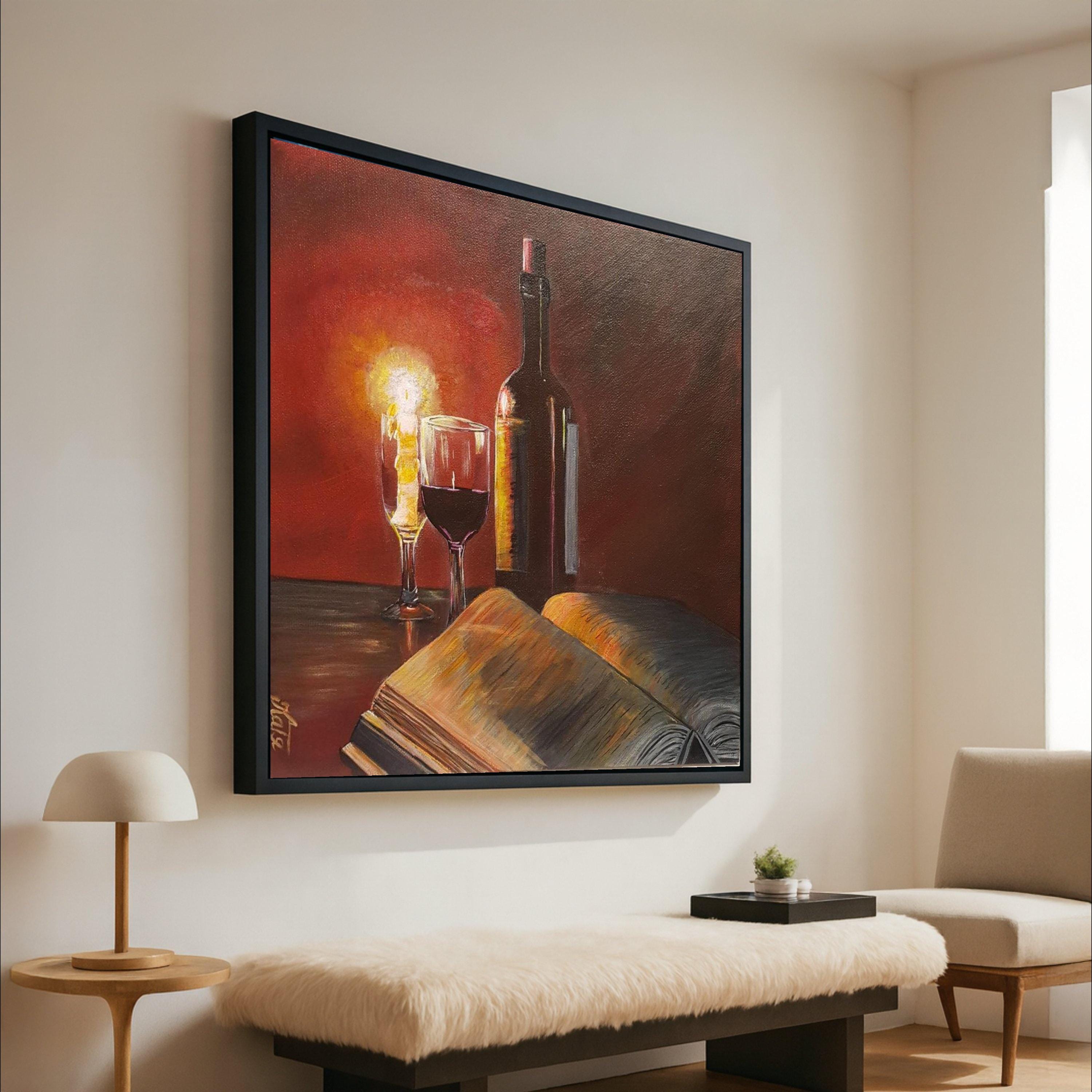 Cozy Evening Still Life Canvas, Wine Bottle and Glass Art, Open Book Painting, Candlelight Home Decor, Warm Ambience Wall Art Ready To Hang,