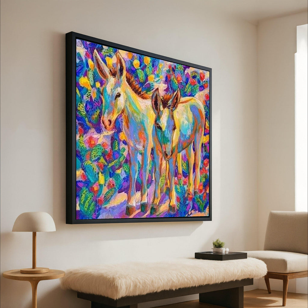 Colorful Donkey Pair Canvas, Vibrant Animal Wall Art, Modern Farmhouse Decor, Bright Nature Painting, Ready to Hang Canvas Ready To Hang,
