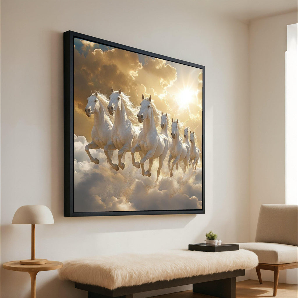 Majestic White Horses Running Through Clouds Canvas, Fantasy Animal Wall Art, Inspirational Nature Scene, Powerful Horse Ready To Hang,