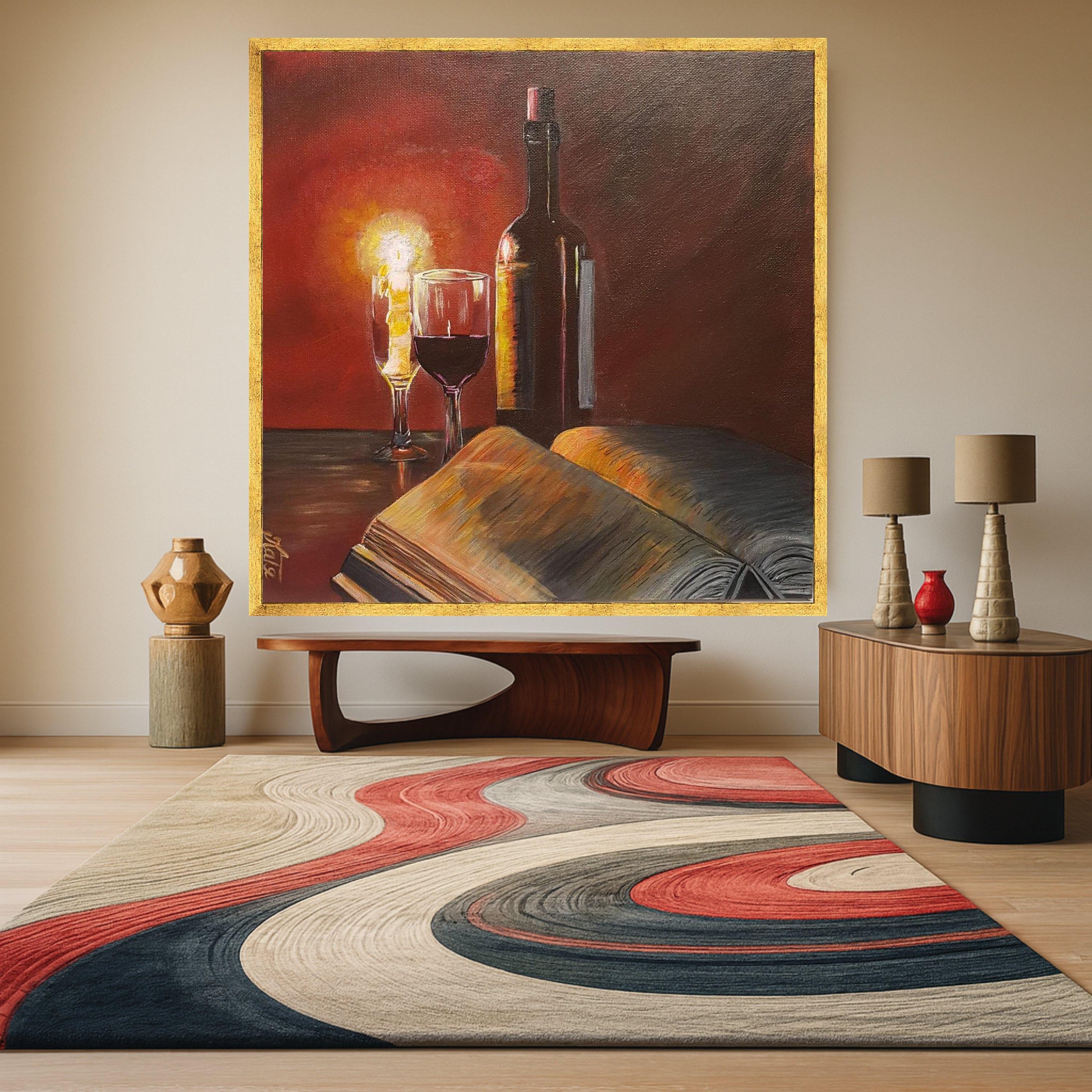 Cozy Evening Still Life Canvas, Wine Bottle and Glass Art, Open Book Painting, Candlelight Home Decor, Warm Ambience Wall Art Ready To Hang,