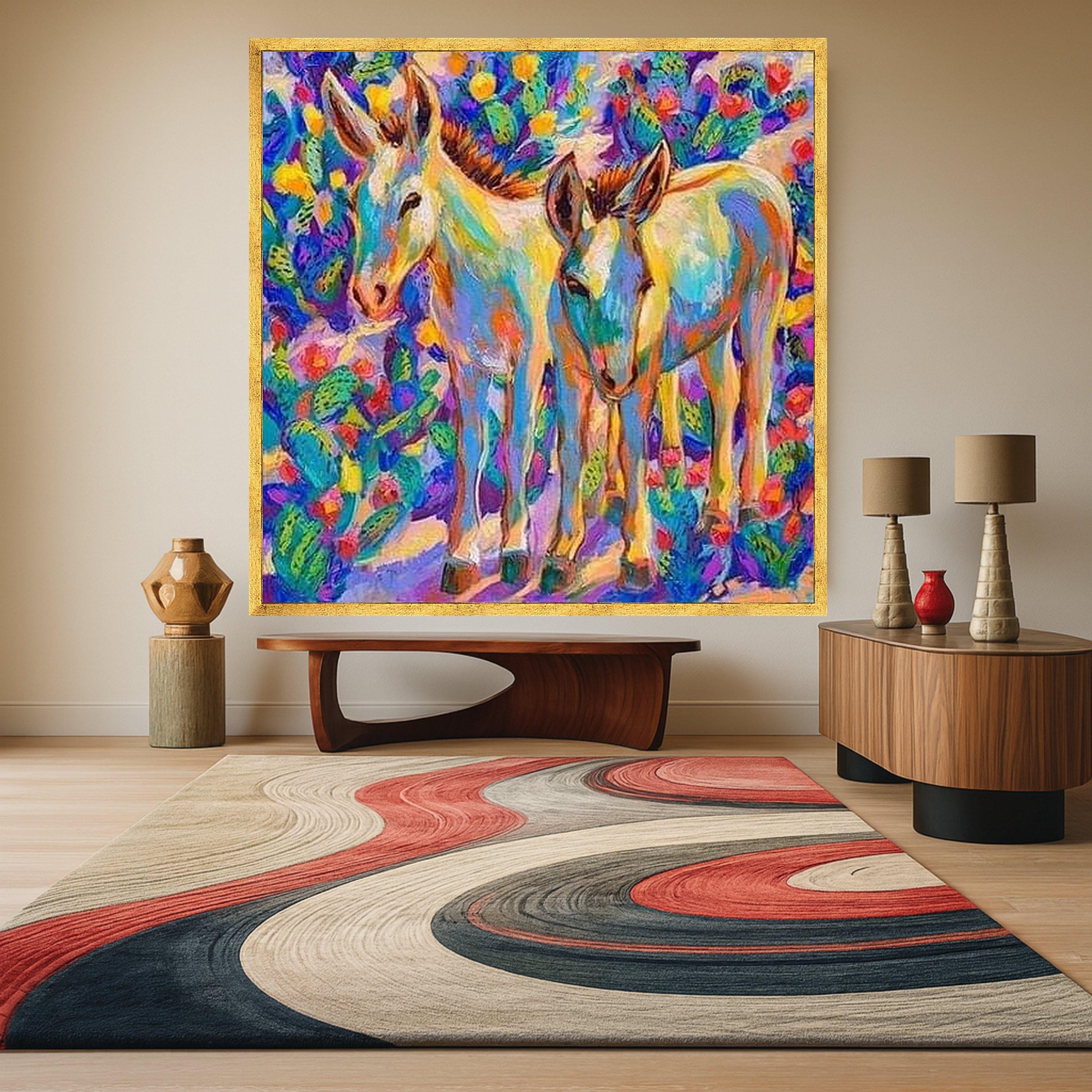 Colorful Donkey Pair Canvas, Vibrant Animal Wall Art, Modern Farmhouse Decor, Bright Nature Painting, Ready to Hang Canvas Ready To Hang,