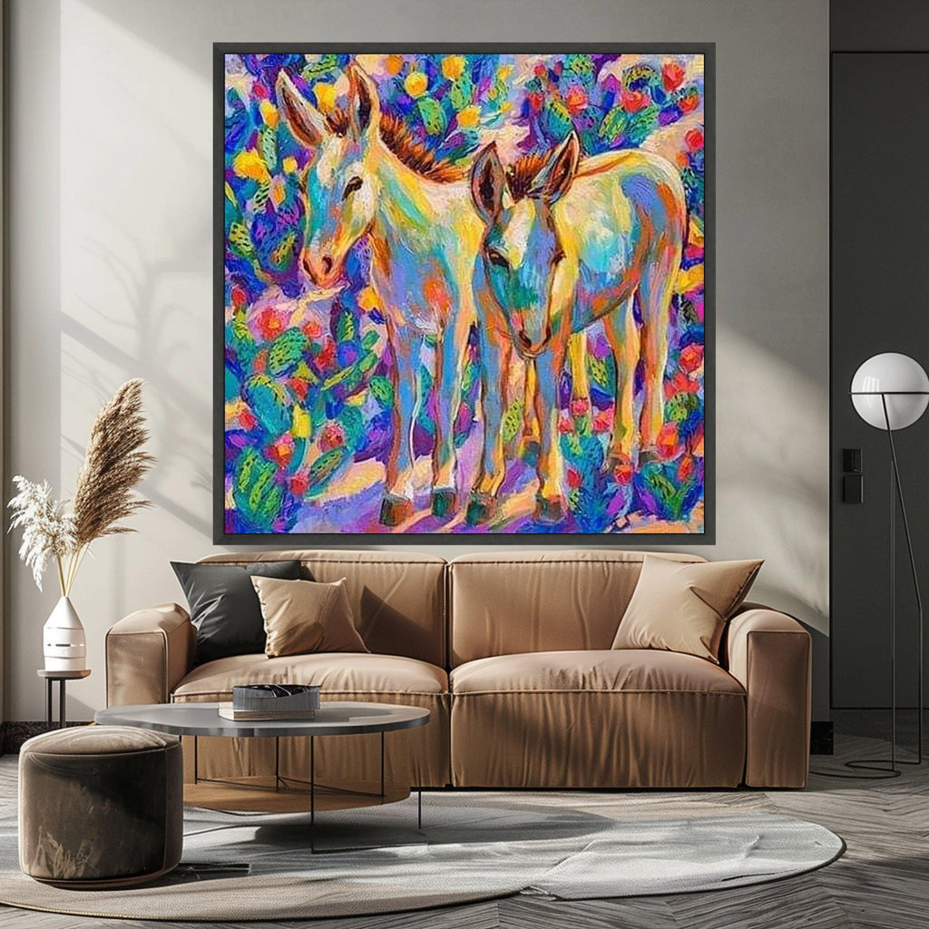 Colorful Donkey Pair Canvas, Vibrant Animal Wall Art, Modern Farmhouse Decor, Bright Nature Painting, Ready to Hang Canvas Ready To Hang,