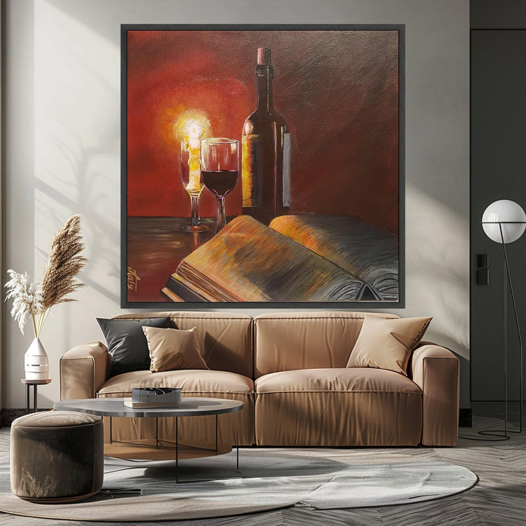 Cozy Evening Still Life Canvas, Wine Bottle and Glass Art, Open Book Painting, Candlelight Home Decor, Warm Ambience Wall Art Ready To Hang,