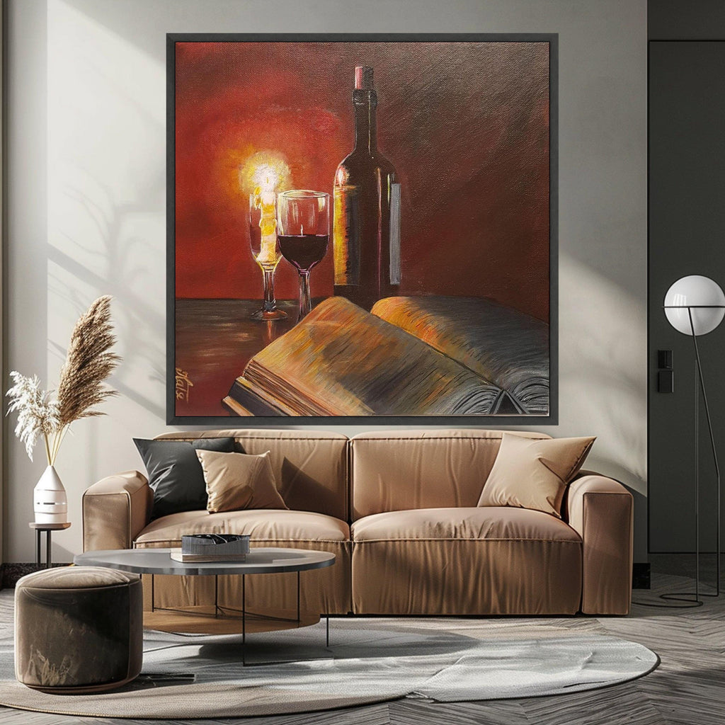 Cozy Evening Still Life Canvas, Wine Bottle and Glass Art, Open Book Painting, Candlelight Home Decor, Warm Ambience Wall Art Ready To Hang,