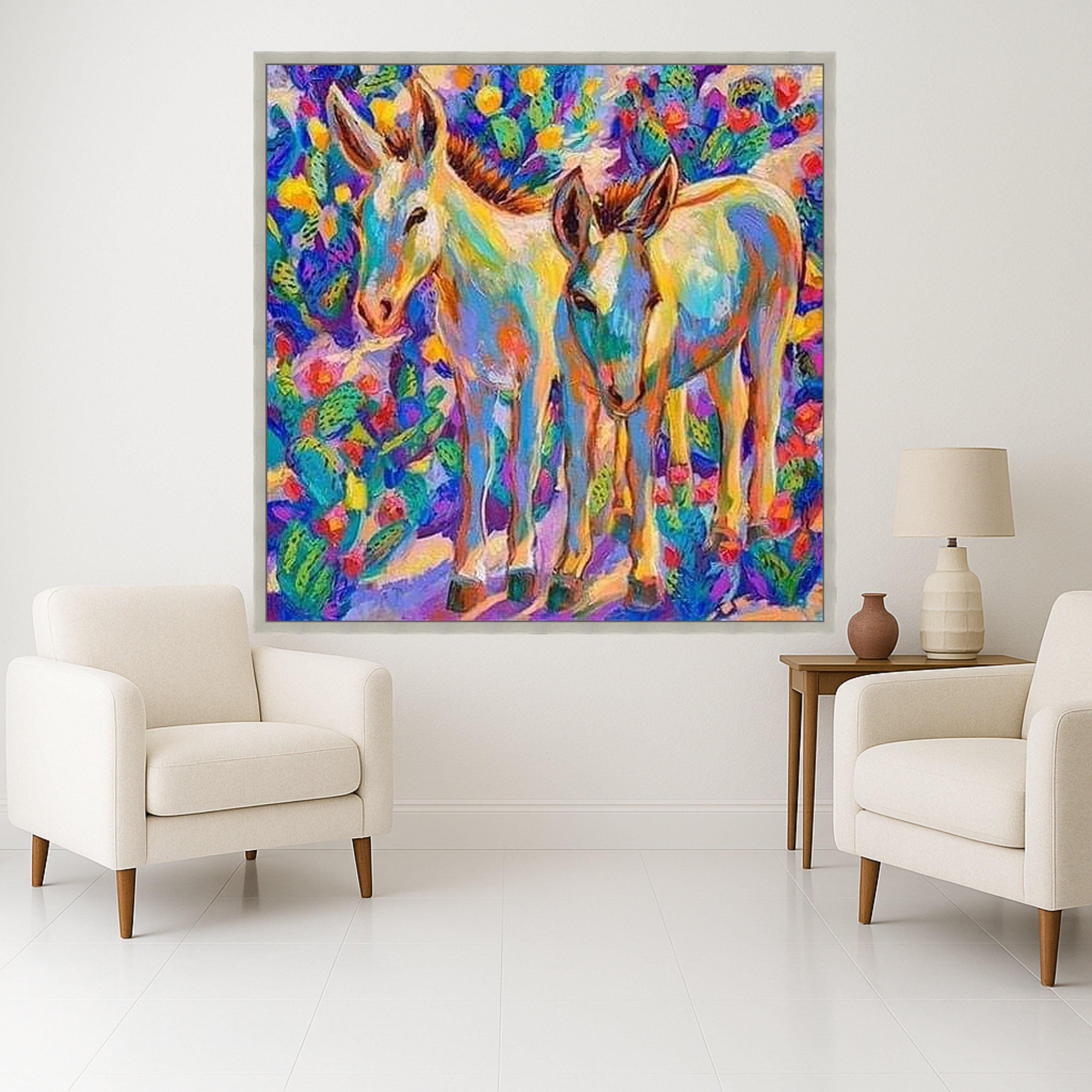 Colorful Donkey Pair Canvas, Vibrant Animal Wall Art, Modern Farmhouse Decor, Bright Nature Painting, Ready to Hang Canvas Ready To Hang,