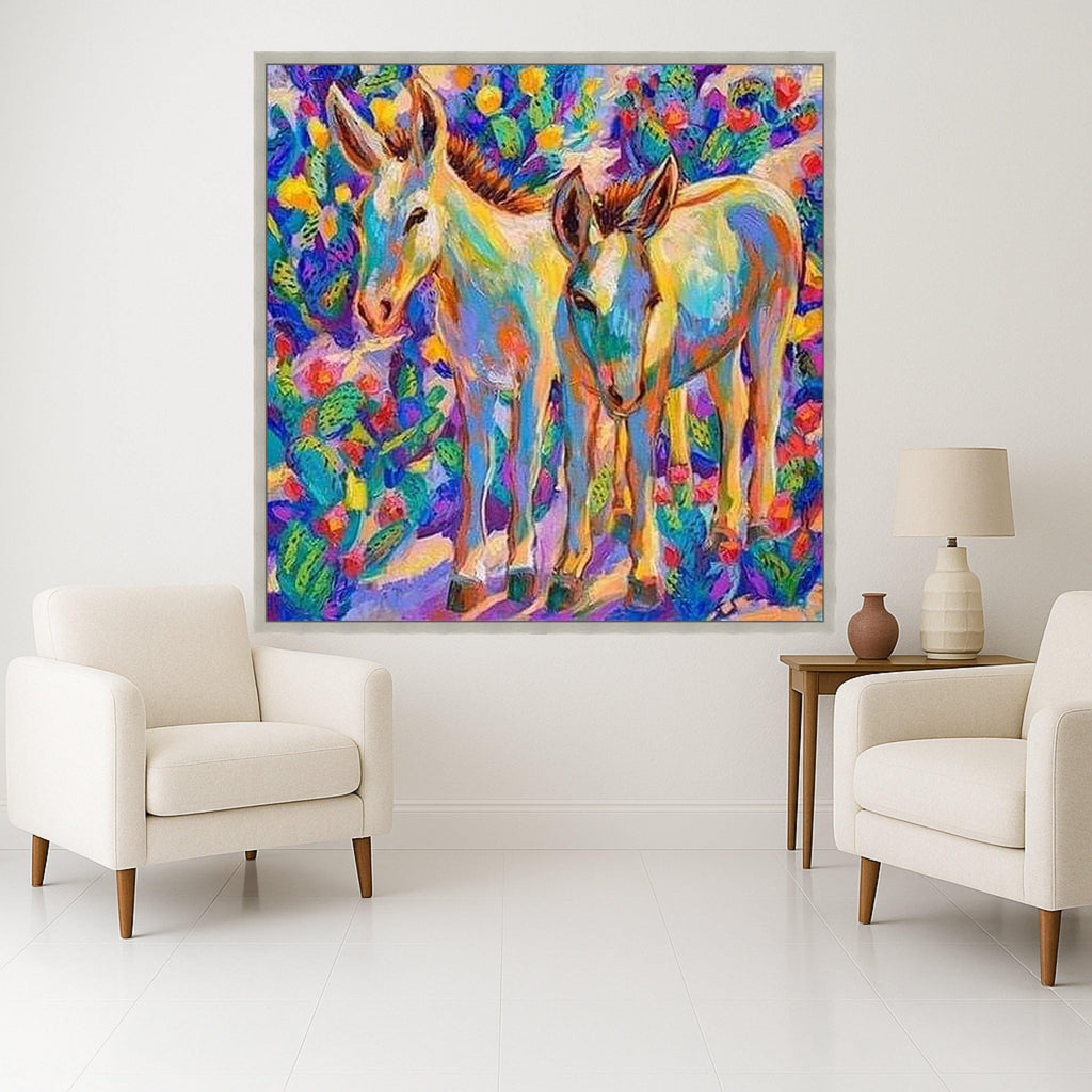 Colorful Donkey Pair Canvas, Vibrant Animal Wall Art, Modern Farmhouse Decor, Bright Nature Painting, Ready to Hang Canvas Ready To Hang,
