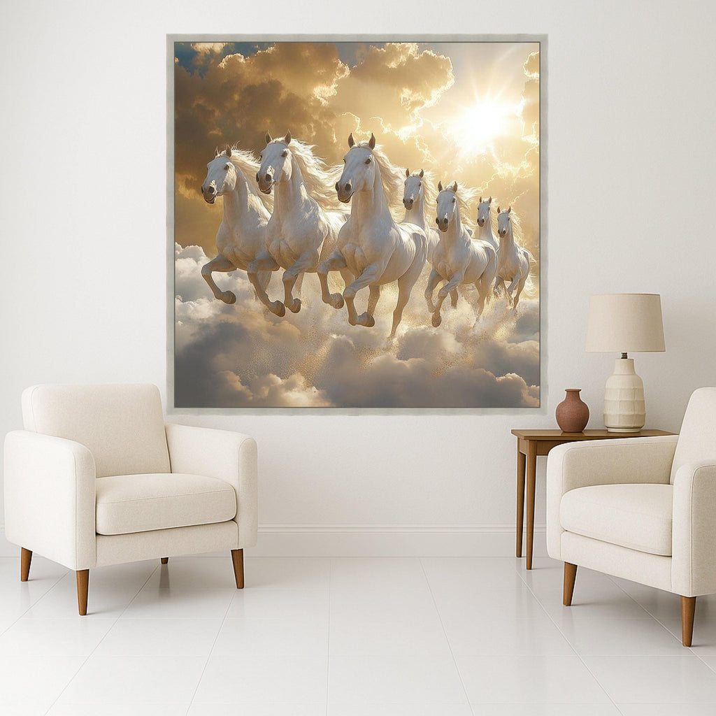 Majestic White Horses Running Through Clouds Canvas, Fantasy Animal Wall Art, Inspirational Nature Scene, Powerful Horse Ready To Hang,