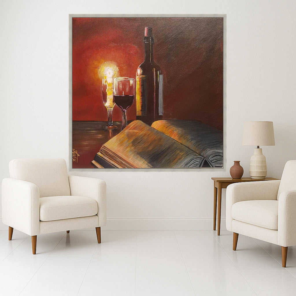 Cozy Evening Still Life Canvas, Wine Bottle and Glass Art, Open Book Painting, Candlelight Home Decor, Warm Ambience Wall Art Ready To Hang,