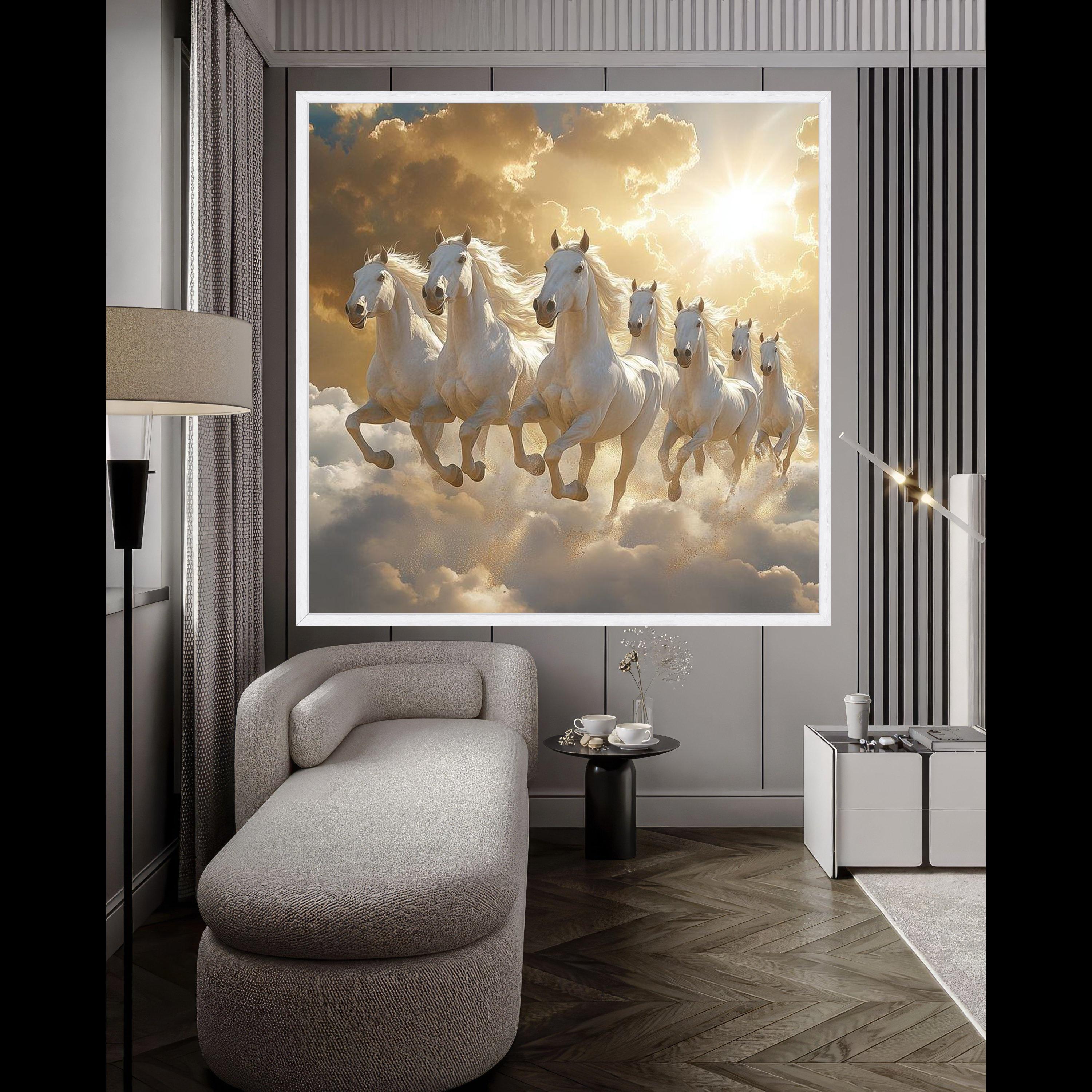 Majestic White Horses Running Through Clouds Canvas, Fantasy Animal Wall Art, Inspirational Nature Scene, Powerful Horse Ready To Hang,