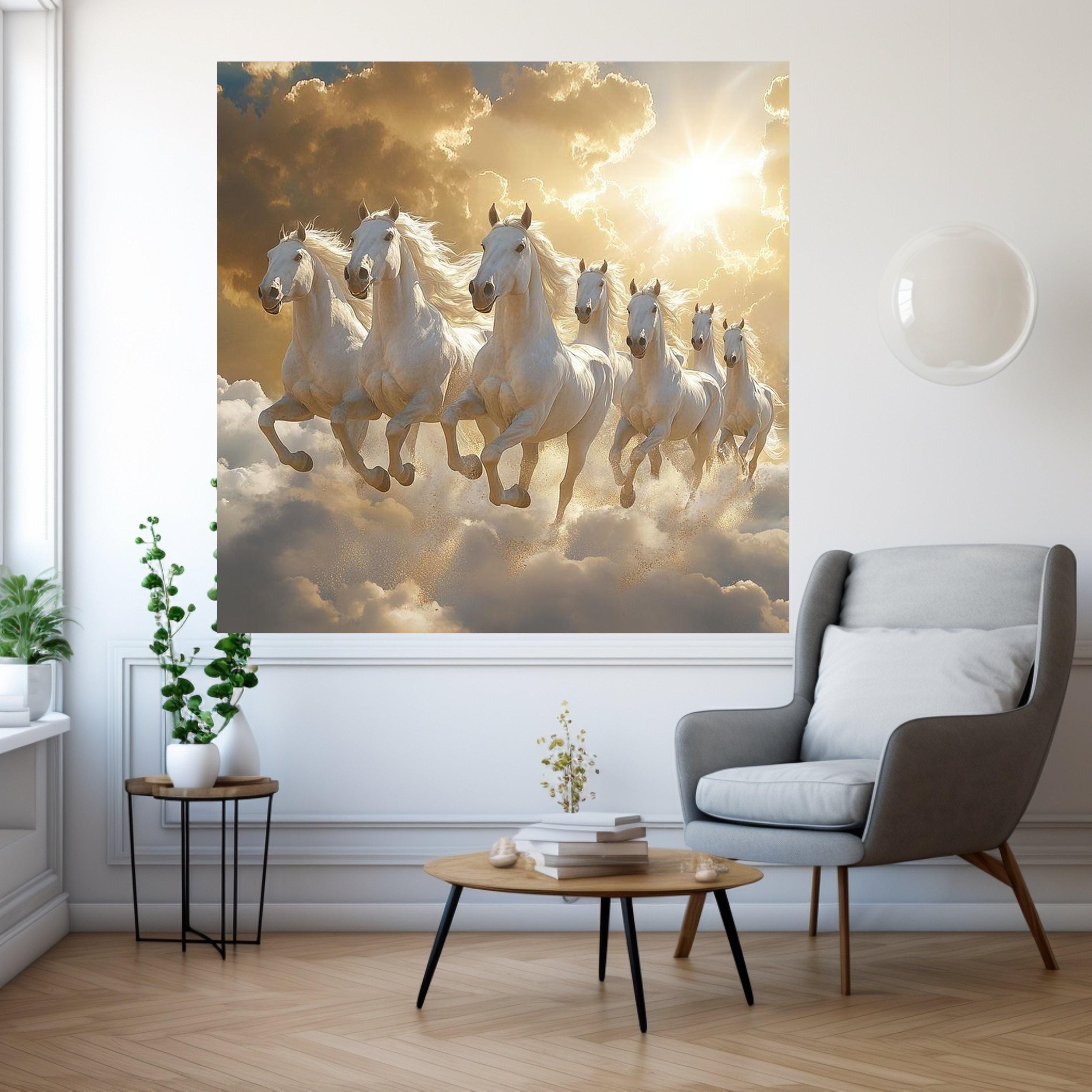 Majestic White Horses Running Through Clouds Canvas, Fantasy Animal Wall Art, Inspirational Nature Scene, Powerful Horse Ready To Hang,