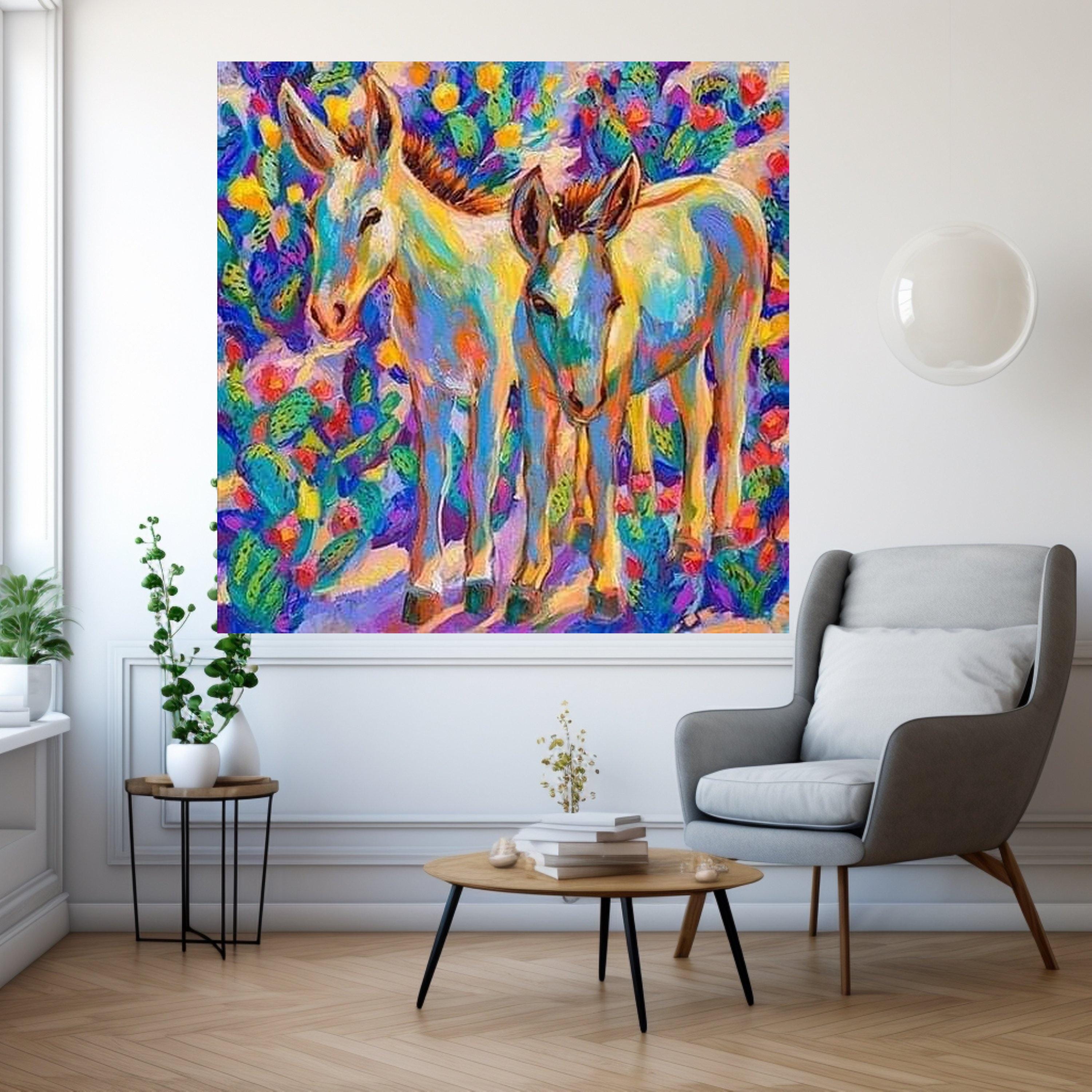 Colorful Donkey Pair Canvas, Vibrant Animal Wall Art, Modern Farmhouse Decor, Bright Nature Painting, Ready to Hang Canvas Ready To Hang,