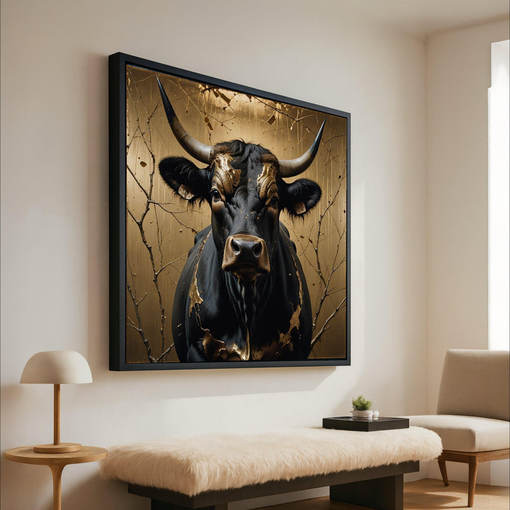 Majestic Black Bull Canvas Wall Art, Gold Leaf Accents, Rustic Animal Portrait, Nature Canvas Print, Farmhouse Decor, Ready Ready To Hang,