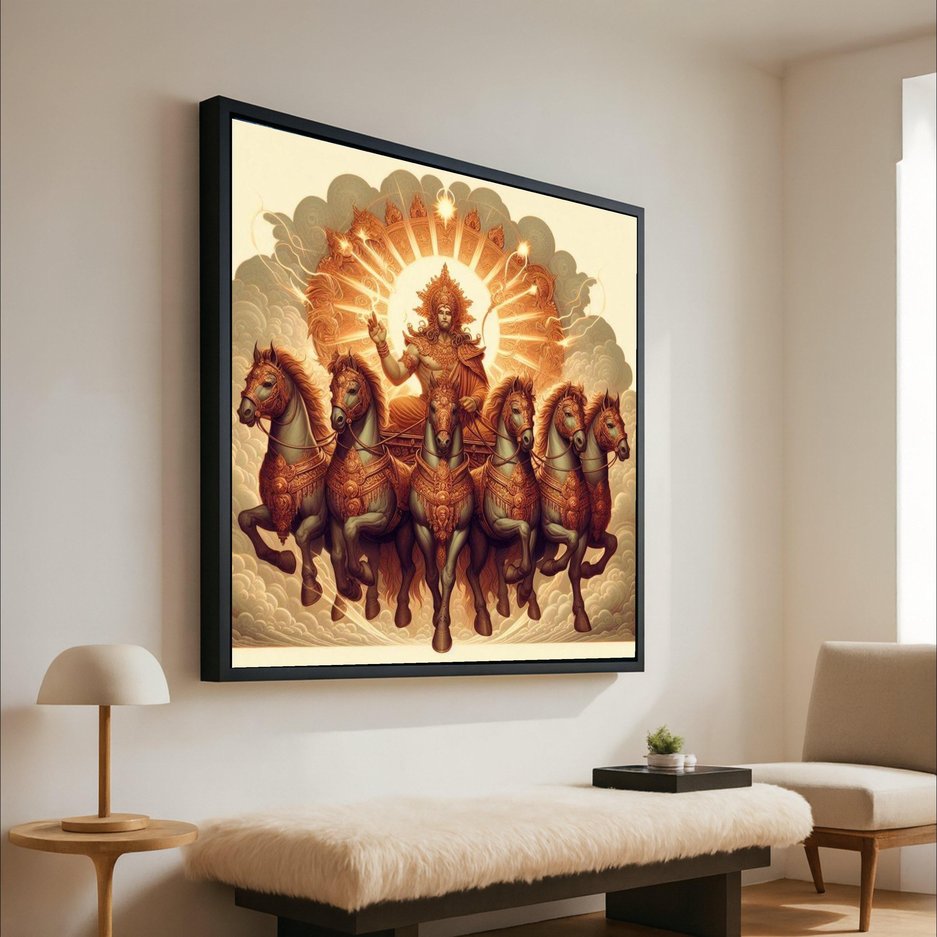 Hindu Sun God Surya Chariot Canvas, Mythological Wall Art, Divine Horses Ride Painting, Spiritual Indian Art, Home Decor Ready To Hang,