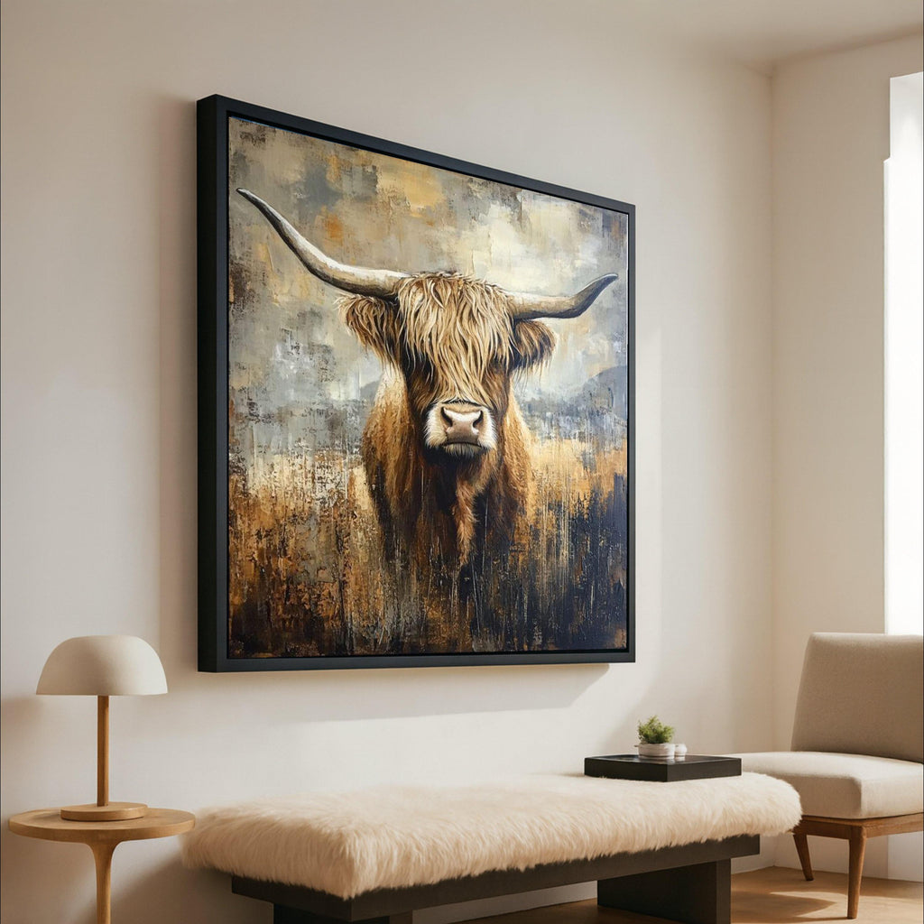 Highland Cow Canvas Wall Art, Rustic Animal Portrait, Farmhouse Decor, Brown and Beige Painting, Nature Inspired Canvas, Ready To Hang,