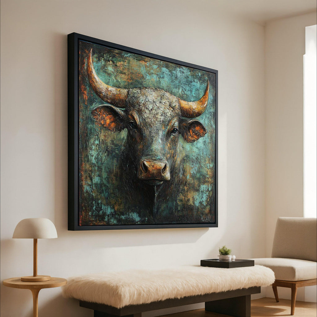 Rustic Bull Portrait Canvas, Bull Head Wall Art, Farmhouse Animal Canvas, Western Decor, Statement Canvas Painting Ready To Hang,