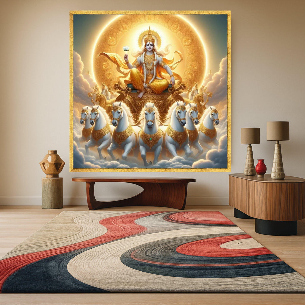 Divine Sun Chariot Canvas, Hindu God Wall Art, Spiritual Home Decor, Krishna Mythology Print, Golden Religious Canvas Art Ready To Hang,
