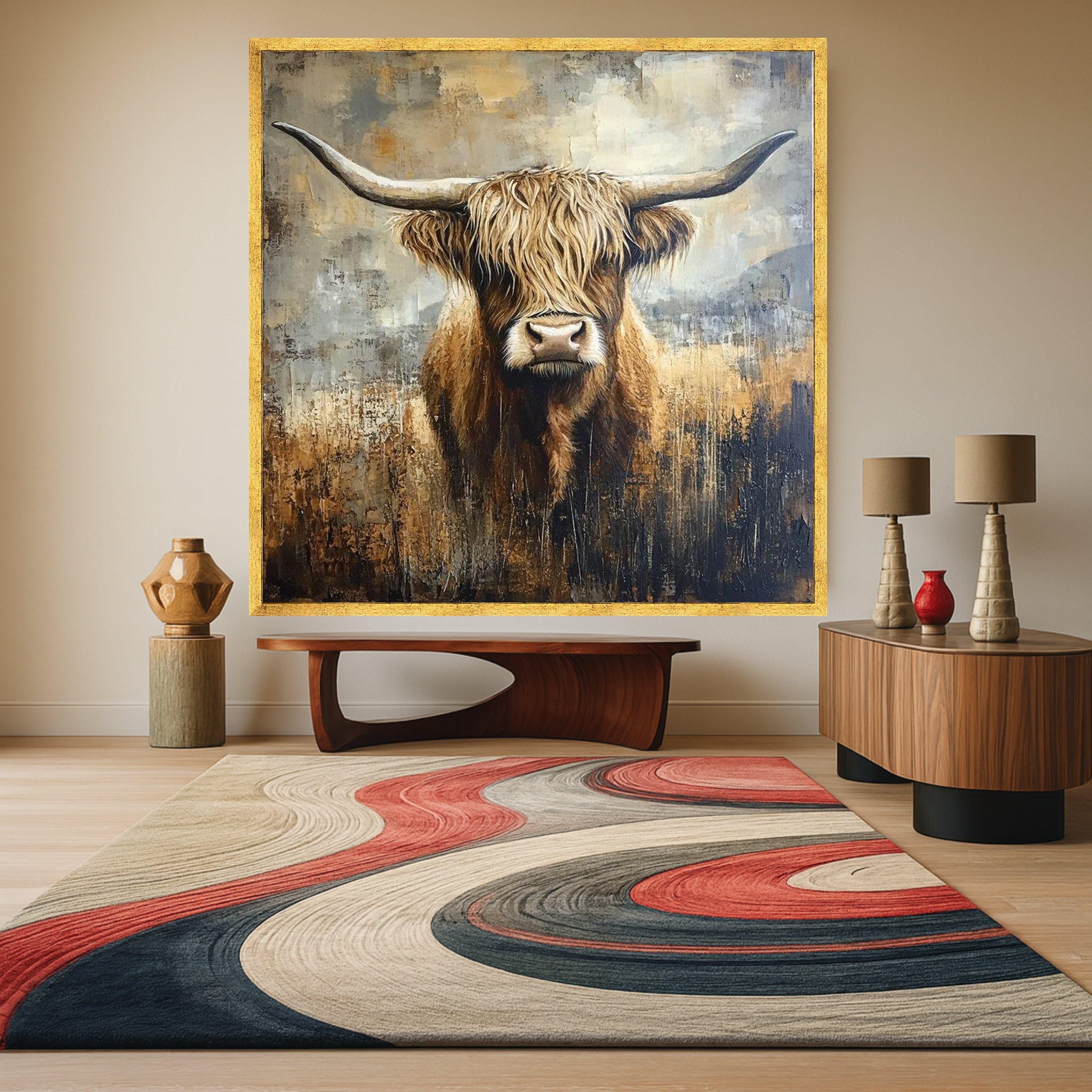 Highland Cow Canvas Wall Art, Rustic Animal Portrait, Farmhouse Decor, Brown and Beige Painting, Nature Inspired Canvas, Ready To Hang,