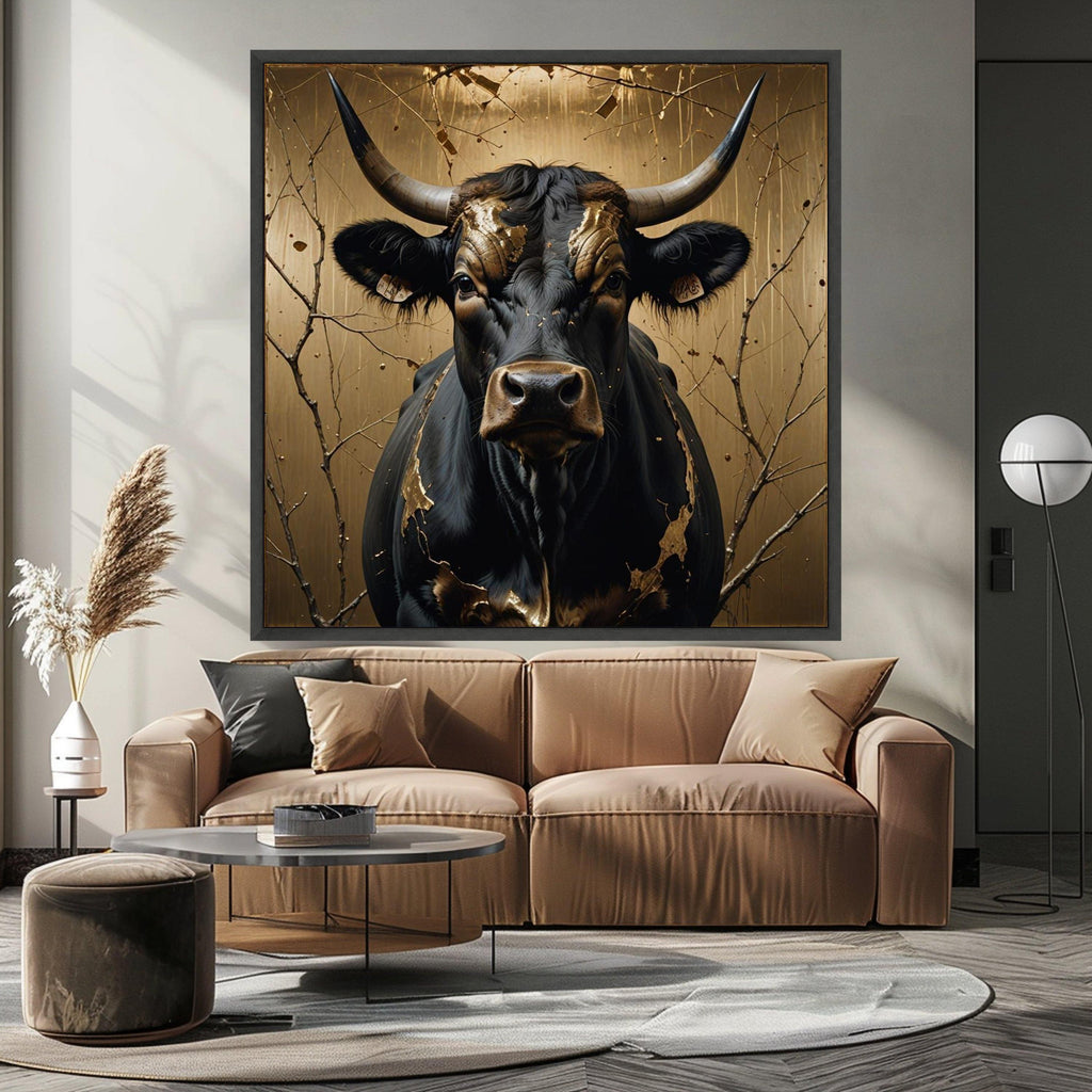 Majestic Black Bull Canvas Wall Art, Gold Leaf Accents, Rustic Animal Portrait, Nature Canvas Print, Farmhouse Decor, Ready Ready To Hang,