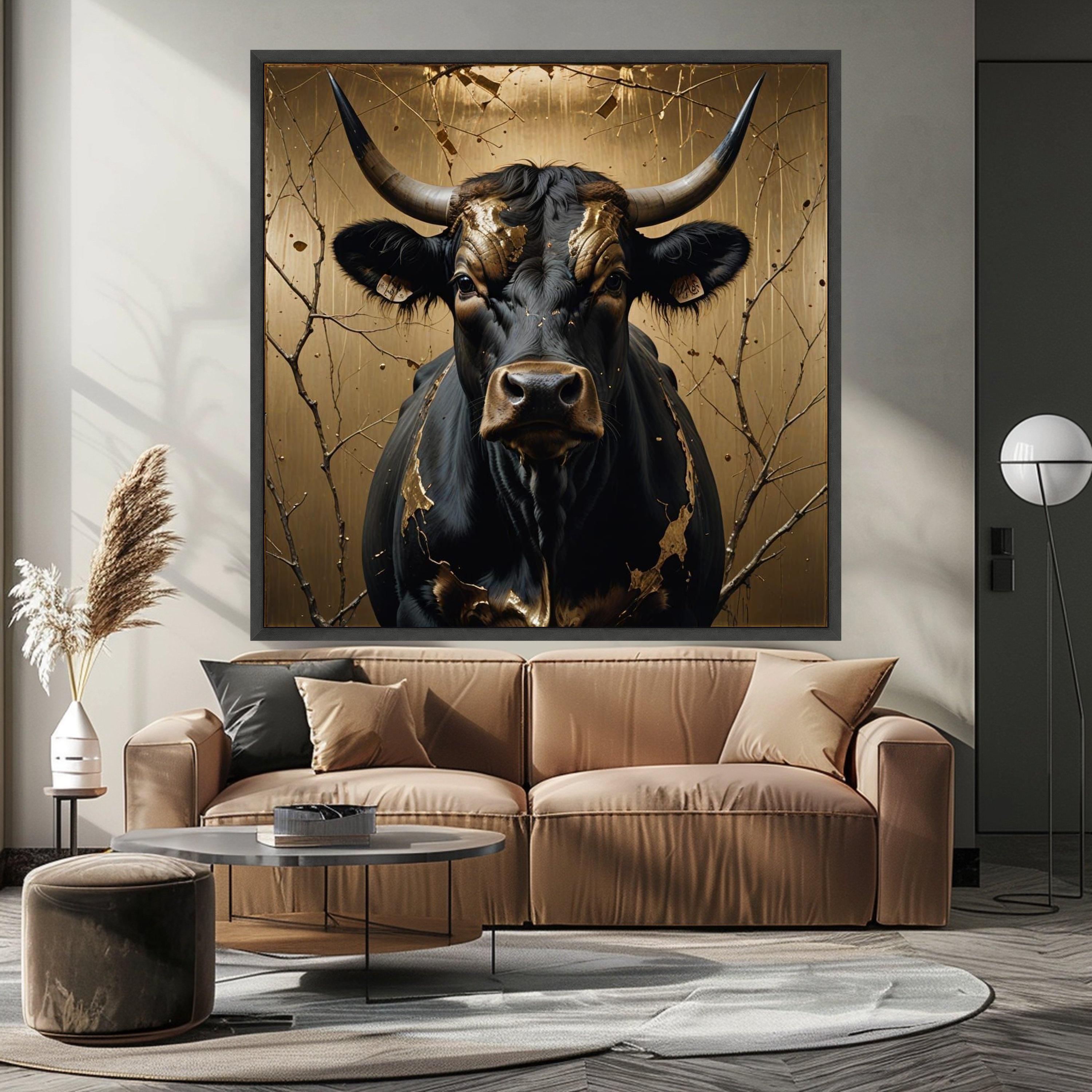 Majestic Black Bull Canvas Wall Art, Gold Leaf Accents, Rustic Animal Portrait, Nature Canvas Print, Farmhouse Decor, Ready Ready To Hang,