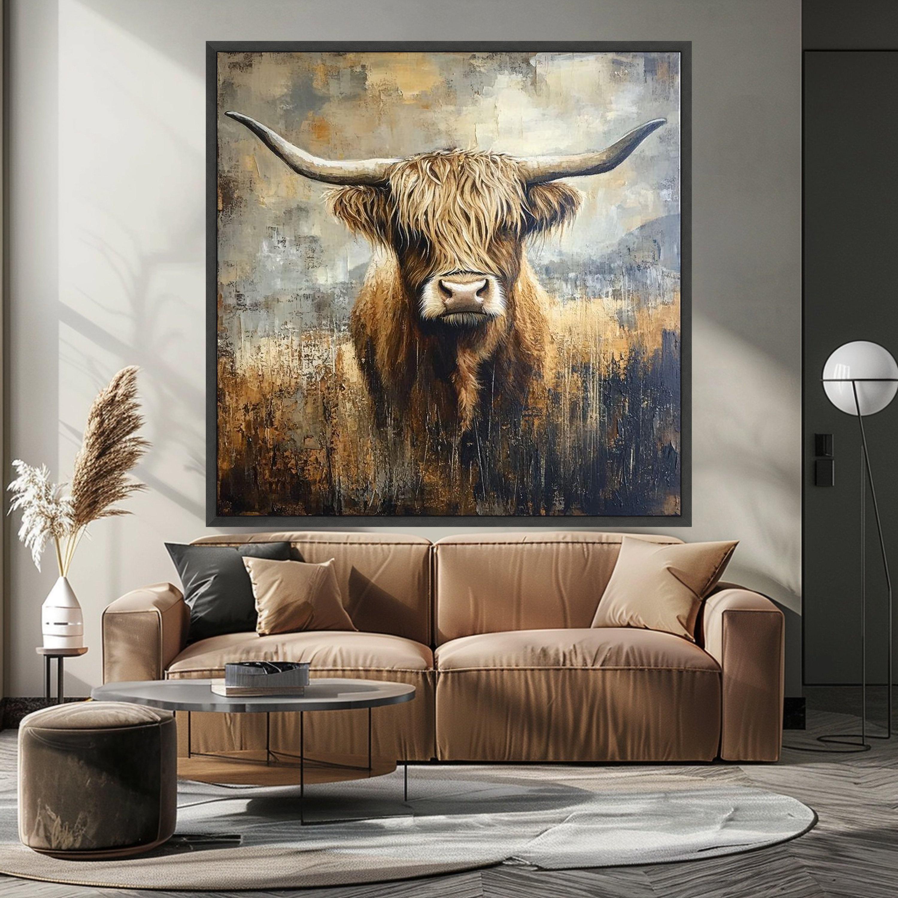 Highland Cow Canvas Wall Art, Rustic Animal Portrait, Farmhouse Decor, Brown and Beige Painting, Nature Inspired Canvas, Ready To Hang,