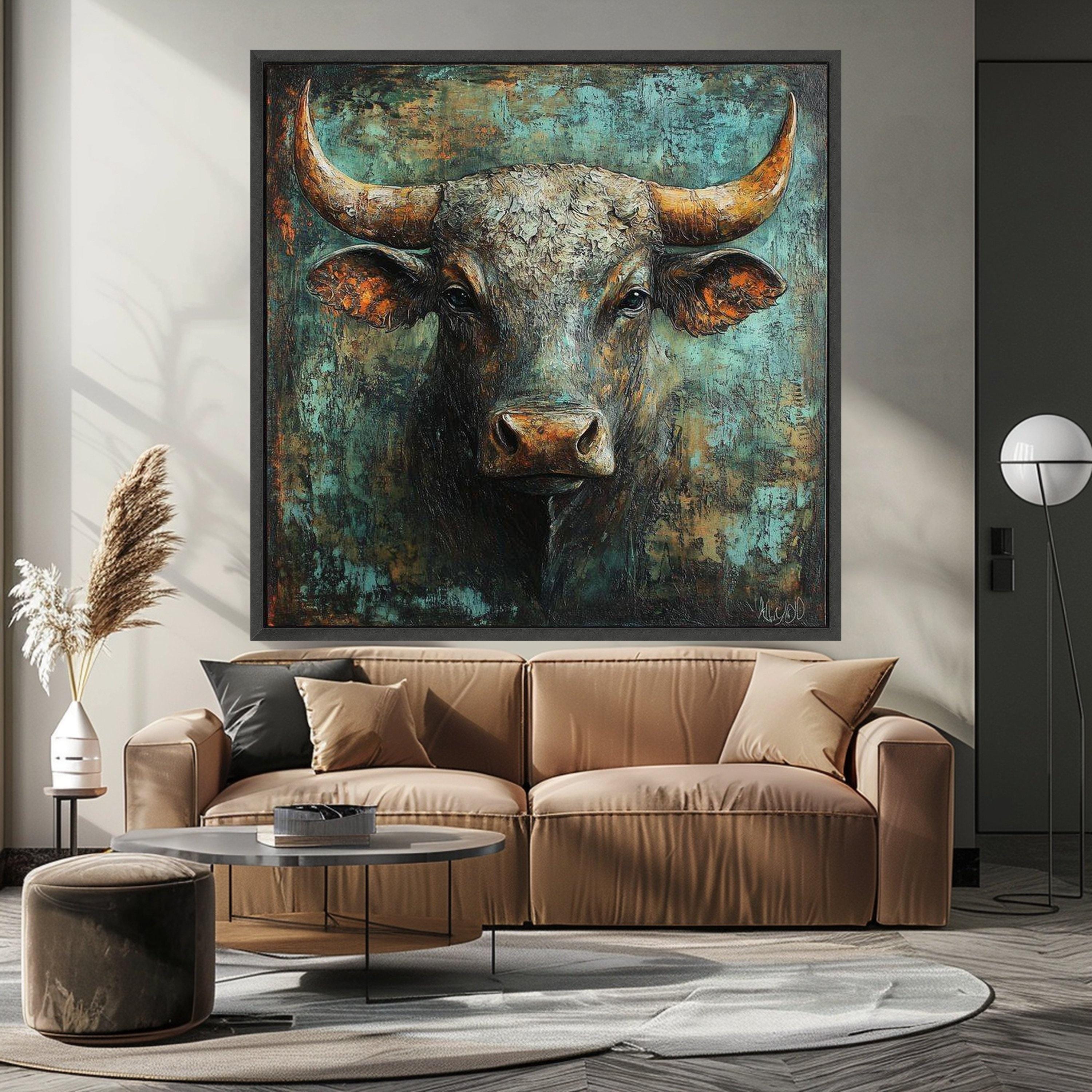 Rustic Bull Portrait Canvas, Bull Head Wall Art, Farmhouse Animal Canvas, Western Decor, Statement Canvas Painting Ready To Hang,