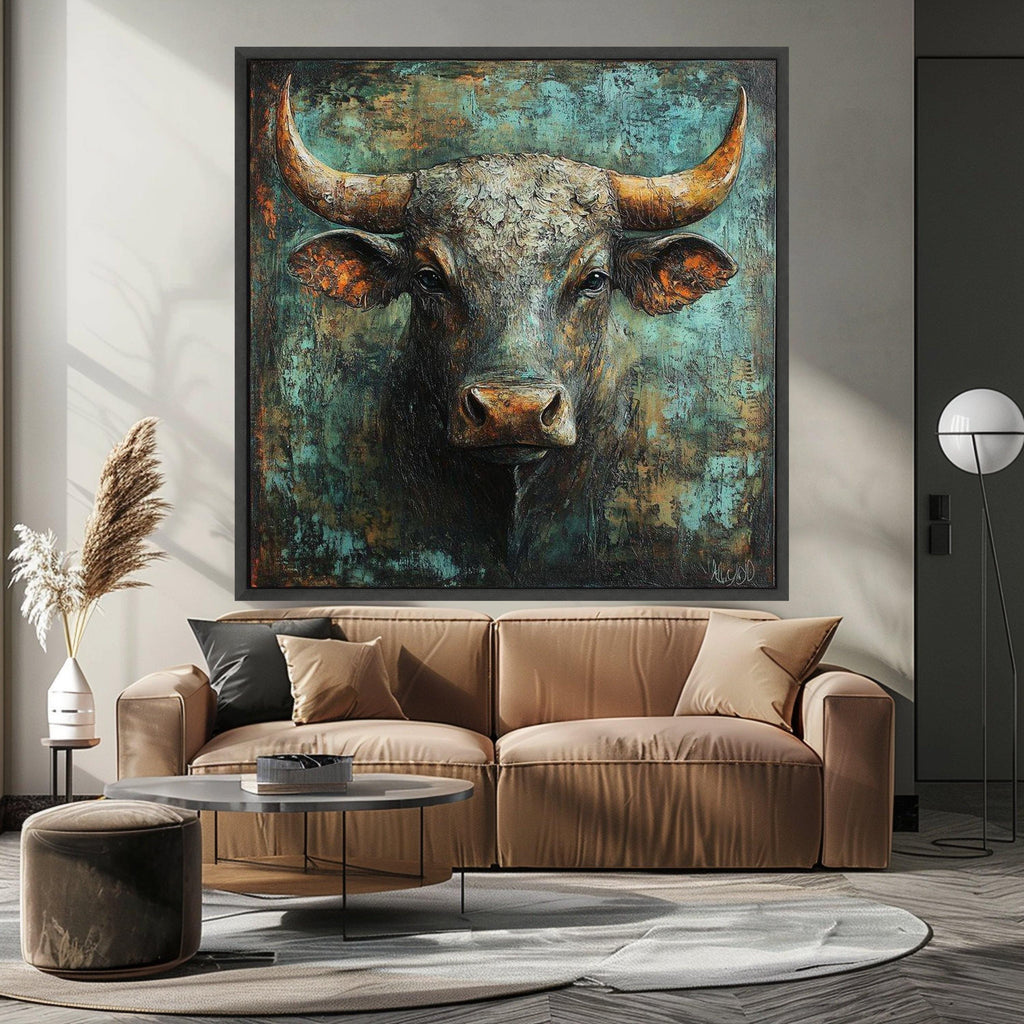 Rustic Bull Portrait Canvas, Bull Head Wall Art, Farmhouse Animal Canvas, Western Decor, Statement Canvas Painting Ready To Hang,