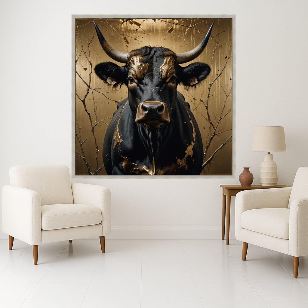 Majestic Black Bull Canvas Wall Art, Gold Leaf Accents, Rustic Animal Portrait, Nature Canvas Print, Farmhouse Decor, Ready Ready To Hang,