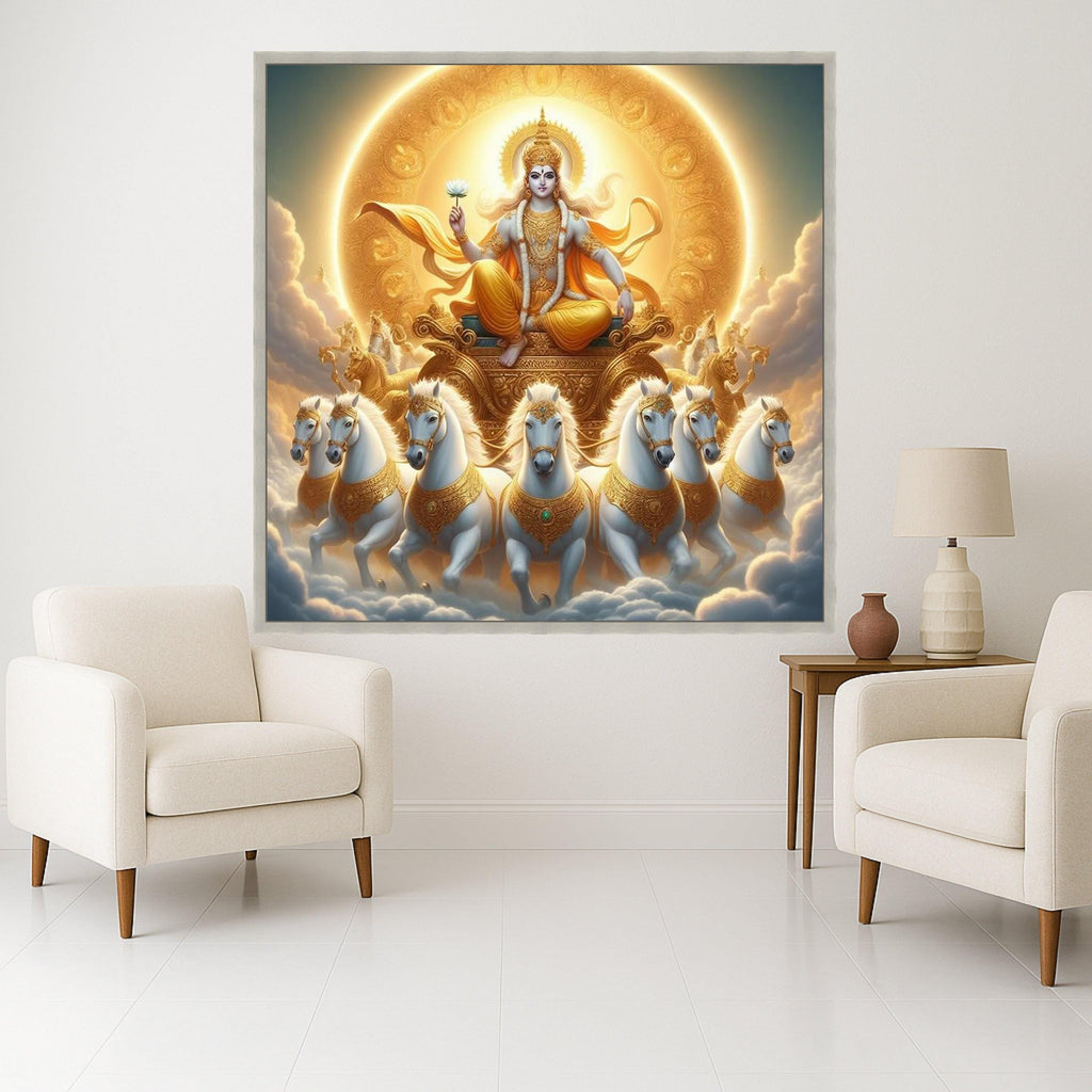 Divine Sun Chariot Canvas, Hindu God Wall Art, Spiritual Home Decor, Krishna Mythology Print, Golden Religious Canvas Art Ready To Hang,