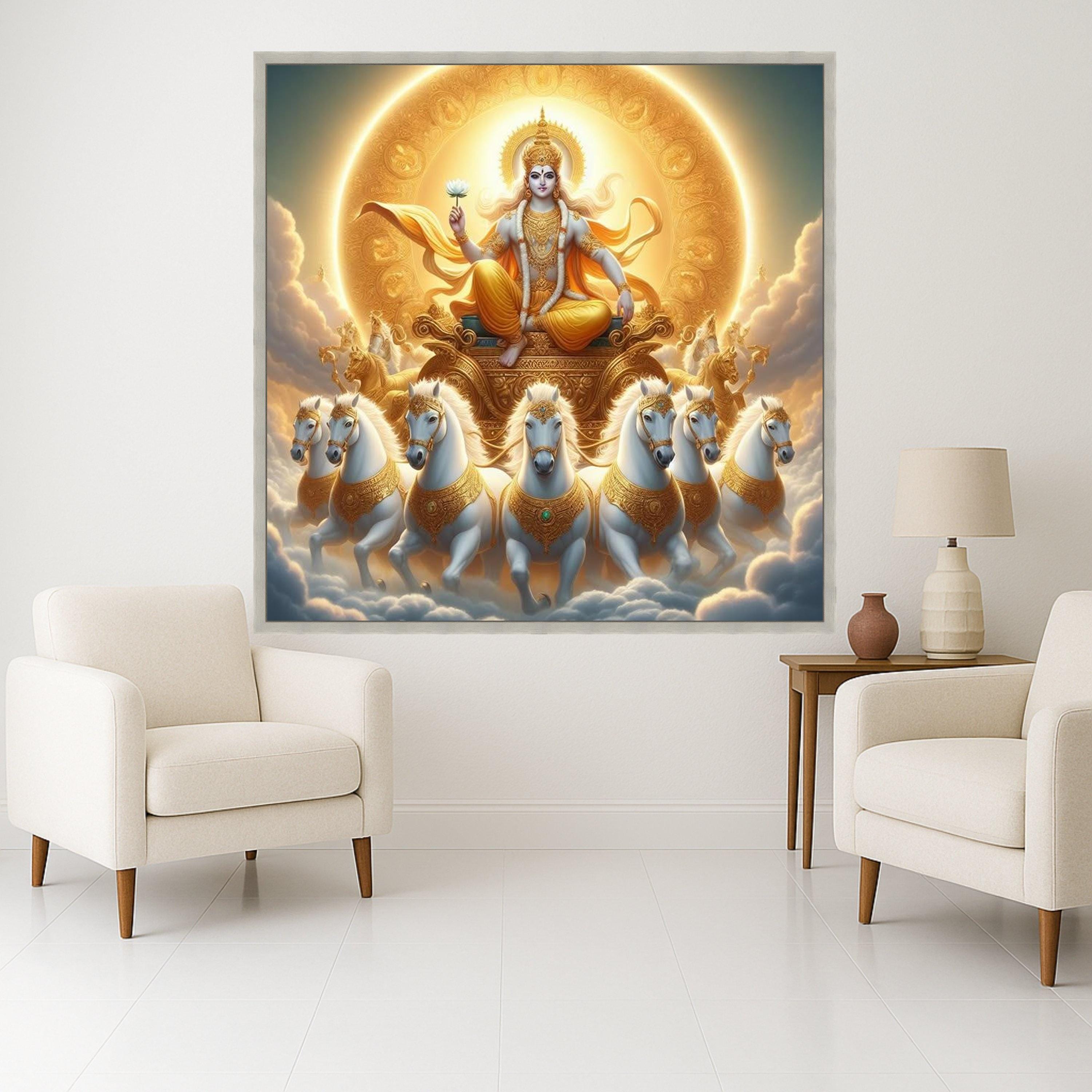 Divine Sun Chariot Canvas, Hindu God Wall Art, Spiritual Home Decor, Krishna Mythology Print, Golden Religious Canvas Art Ready To Hang,