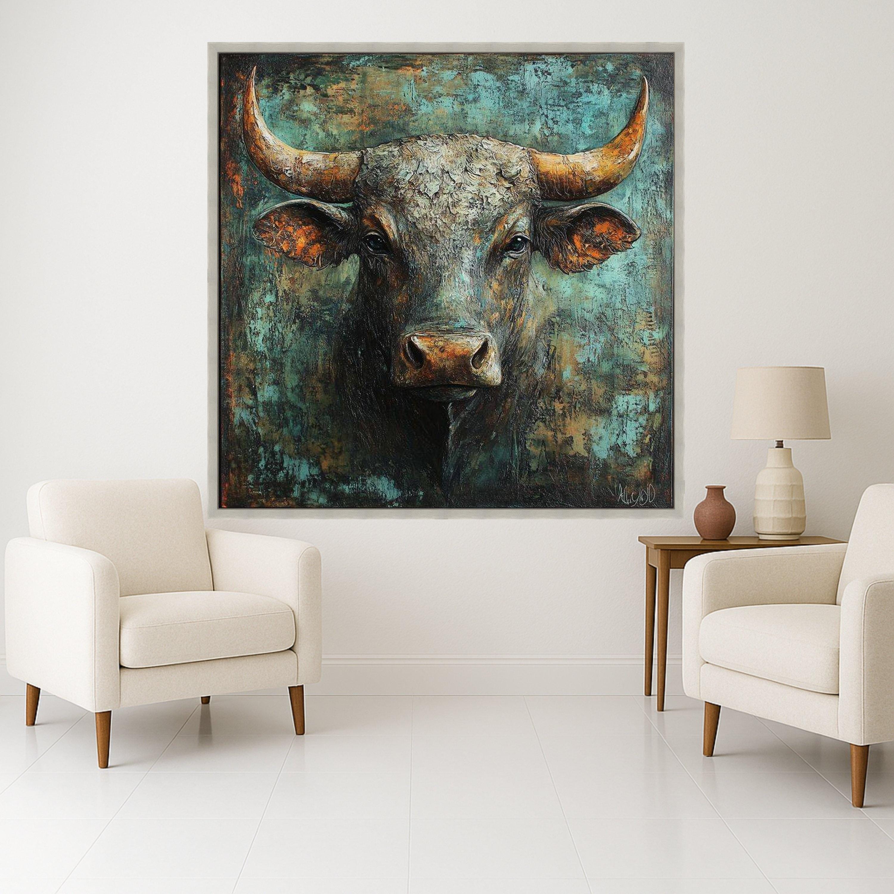Rustic Bull Portrait Canvas, Bull Head Wall Art, Farmhouse Animal Canvas, Western Decor, Statement Canvas Painting Ready To Hang,