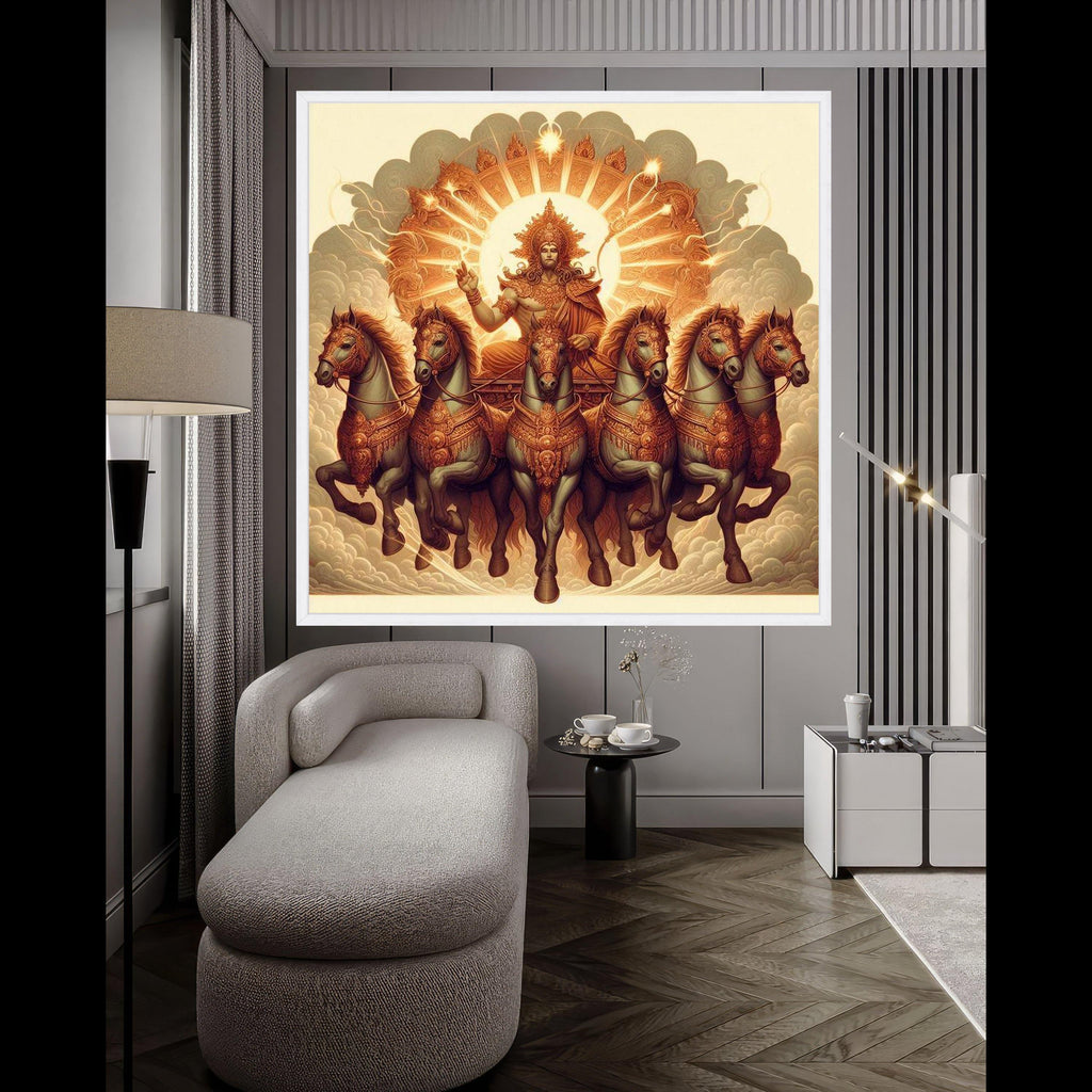 Hindu Sun God Surya Chariot Canvas, Mythological Wall Art, Divine Horses Ride Painting, Spiritual Indian Art, Home Decor Ready To Hang,