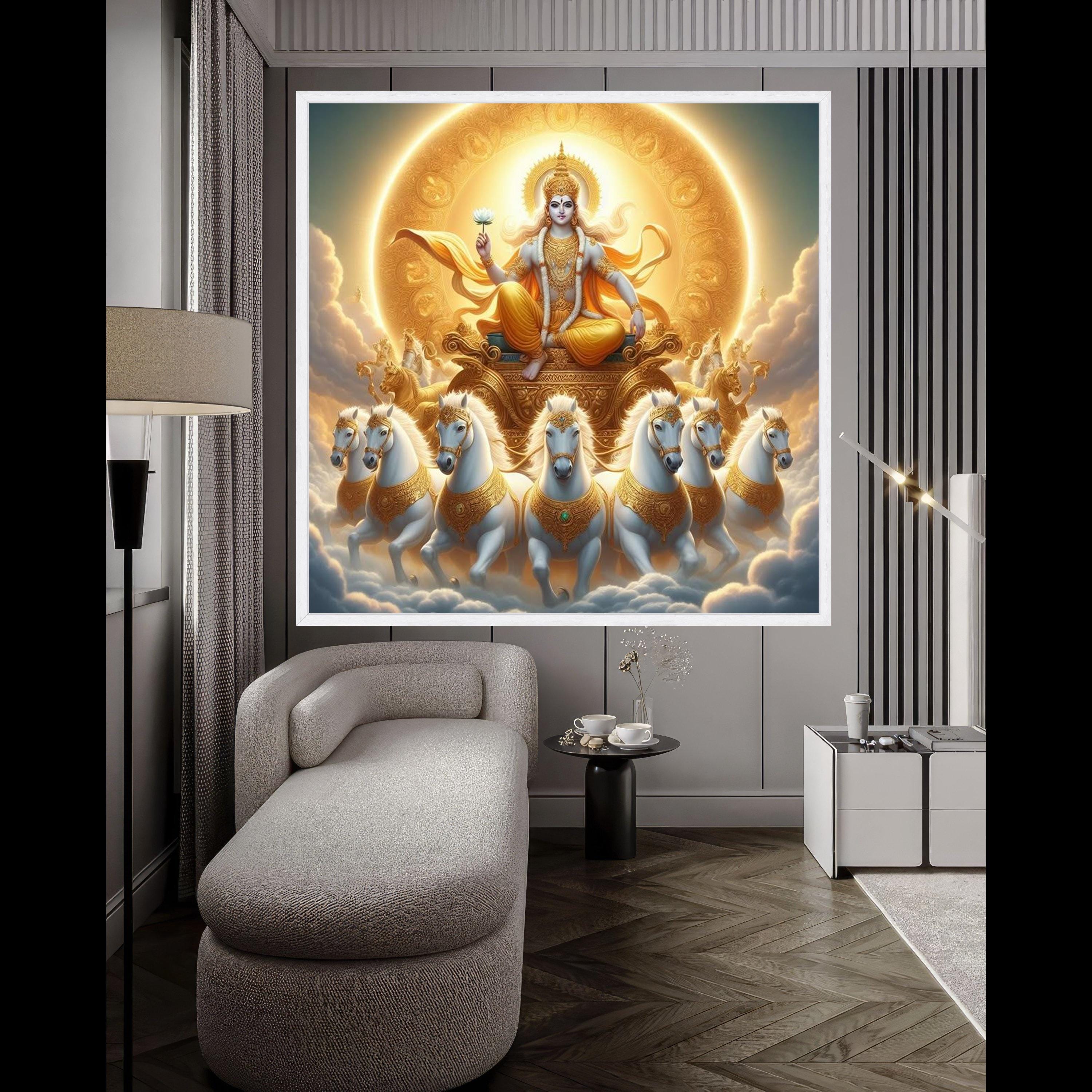 Divine Sun Chariot Canvas, Hindu God Wall Art, Spiritual Home Decor, Krishna Mythology Print, Golden Religious Canvas Art Ready To Hang,