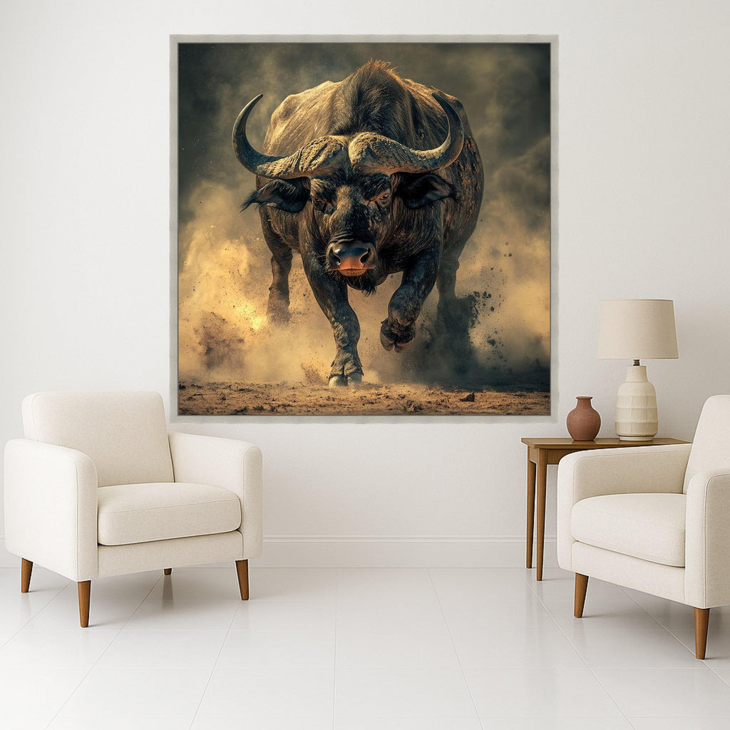 Powerful Charging Buffalo Canvas, Wildlife Animal Wall Art, Rustic Nature Decor, Energetic Wild Animal Canvas, Ready to Hang Ready To Hang,