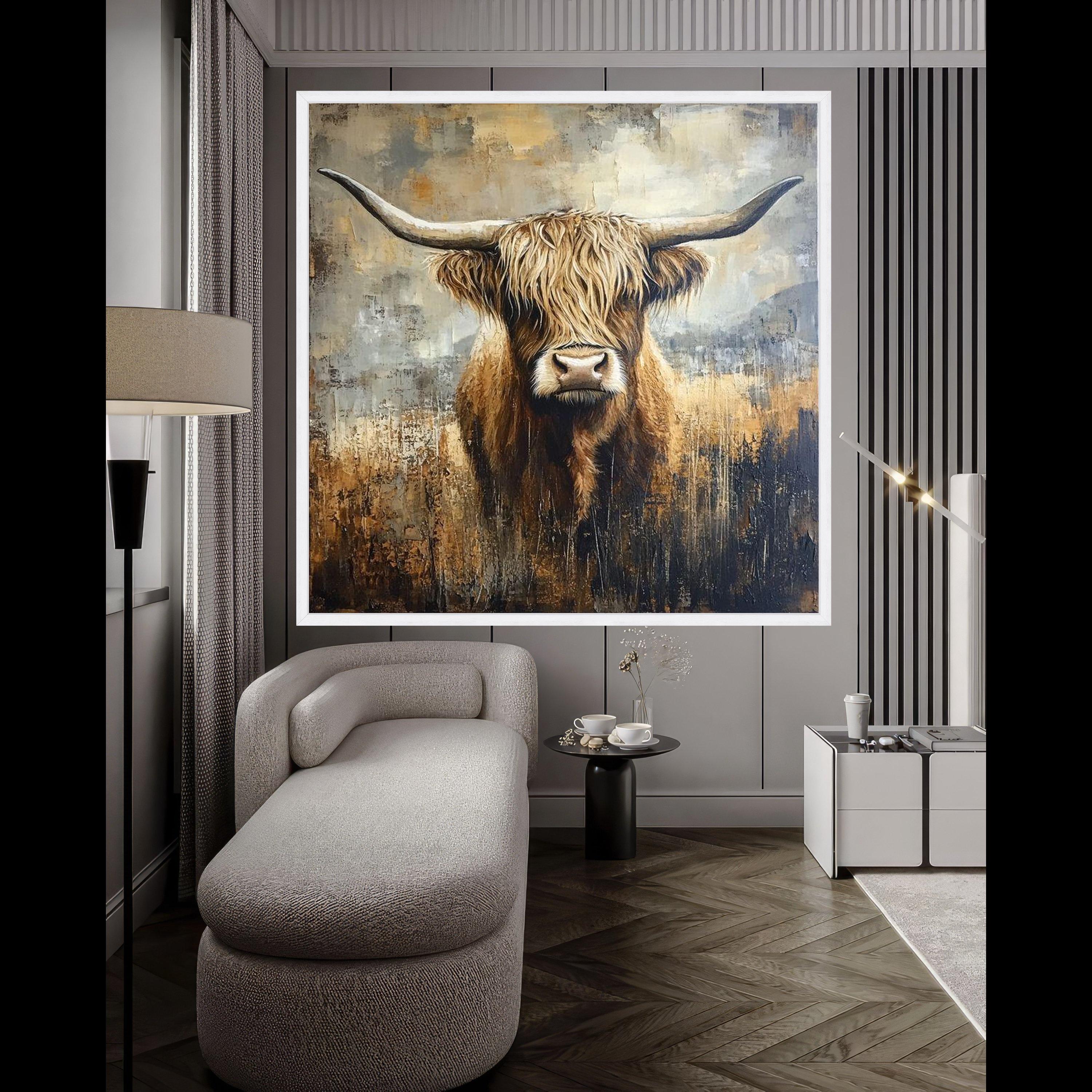 Highland Cow Canvas Wall Art, Rustic Animal Portrait, Farmhouse Decor, Brown and Beige Painting, Nature Inspired Canvas, Ready To Hang,