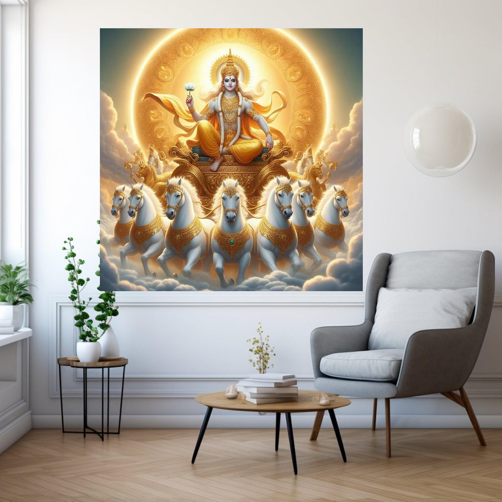 Divine Sun Chariot Canvas, Hindu God Wall Art, Spiritual Home Decor, Krishna Mythology Print, Golden Religious Canvas Art Ready To Hang,