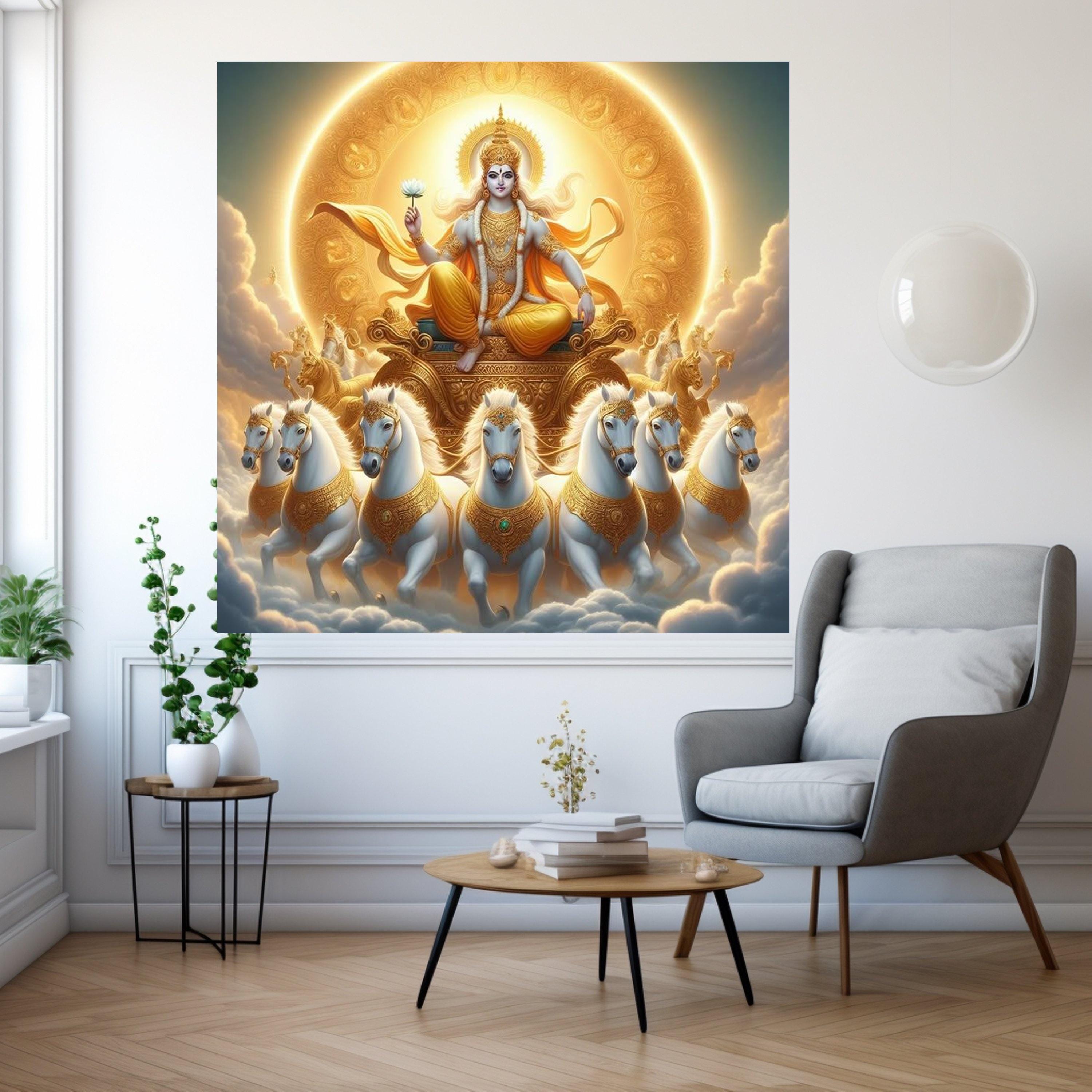 Divine Sun Chariot Canvas, Hindu God Wall Art, Spiritual Home Decor, Krishna Mythology Print, Golden Religious Canvas Art Ready To Hang,
