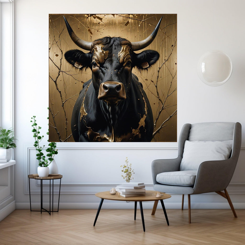 Majestic Black Bull Canvas Wall Art, Gold Leaf Accents, Rustic Animal Portrait, Nature Canvas Print, Farmhouse Decor, Ready Ready To Hang,