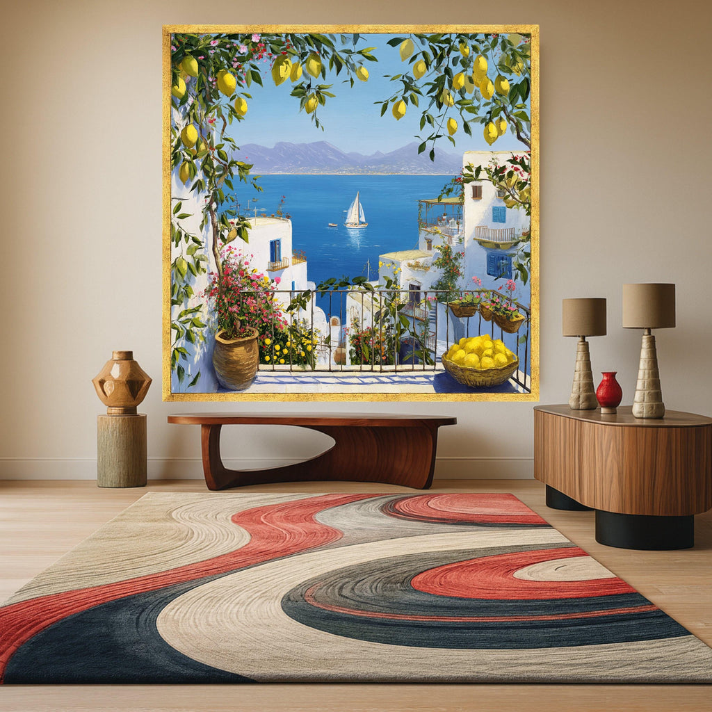 Mediterranean Balcony Canvas Print – Coastal Wall Art Ready to Hang – Lemon Tree Wall Decor for Kitchen or Living Room