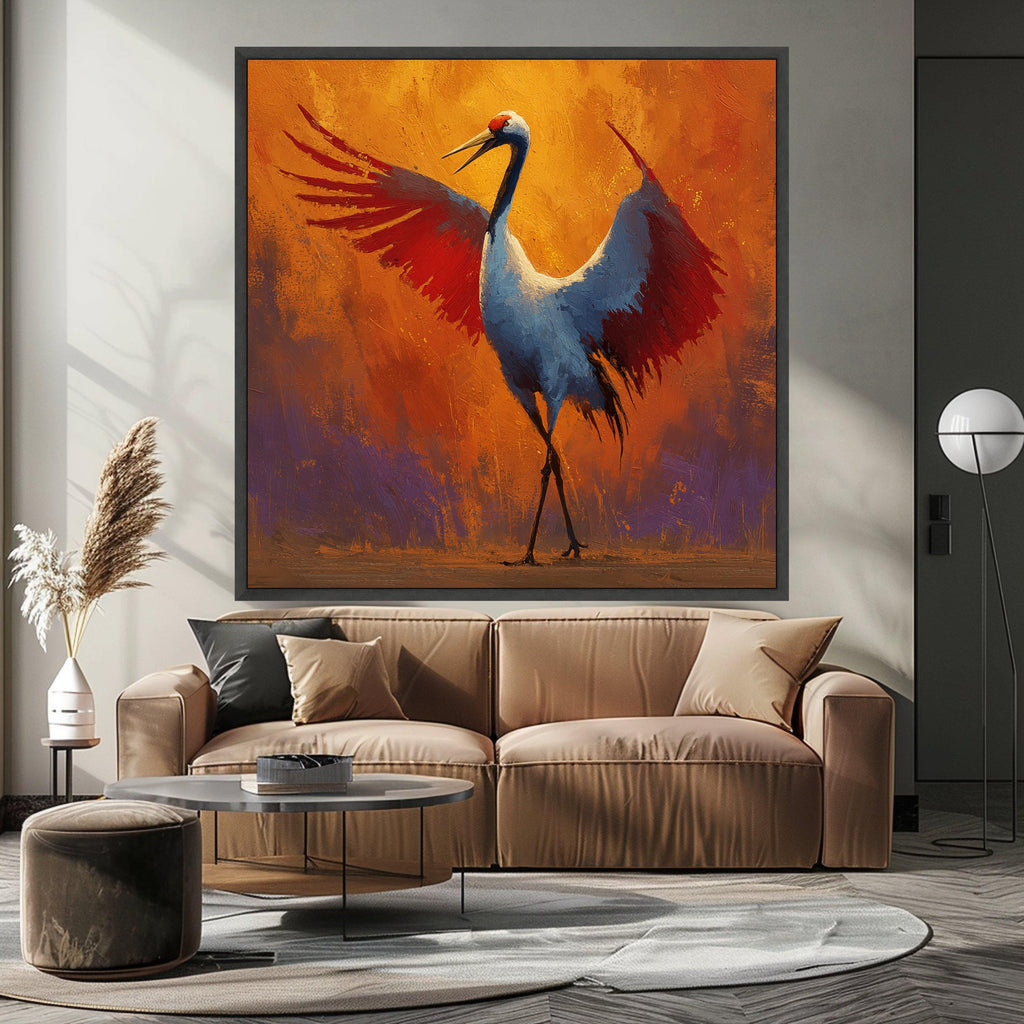 Majestic Crane Bird Canvas Wall Art, Vibrant Orange and Red Wings, Wildlife Painting, Nature Decor, Modern Abstract Canvas Ready To Hang,