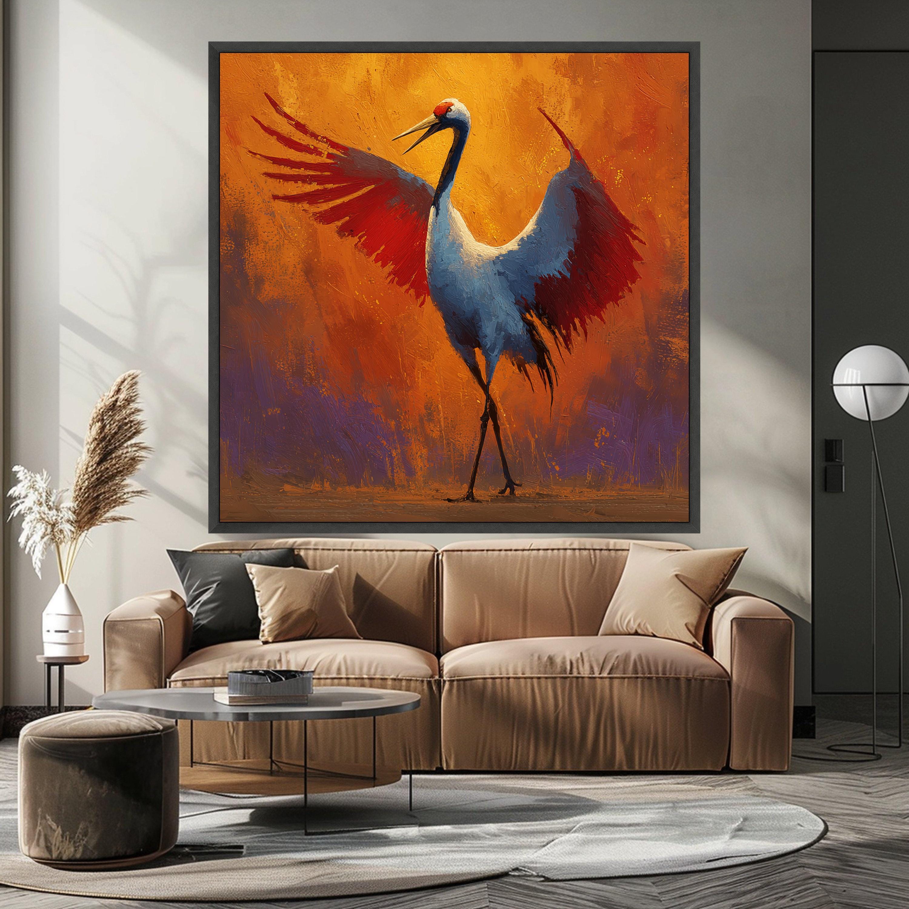 Majestic Crane Bird Canvas Wall Art, Vibrant Orange and Red Wings, Wildlife Painting, Nature Decor, Modern Abstract Canvas Ready To Hang,