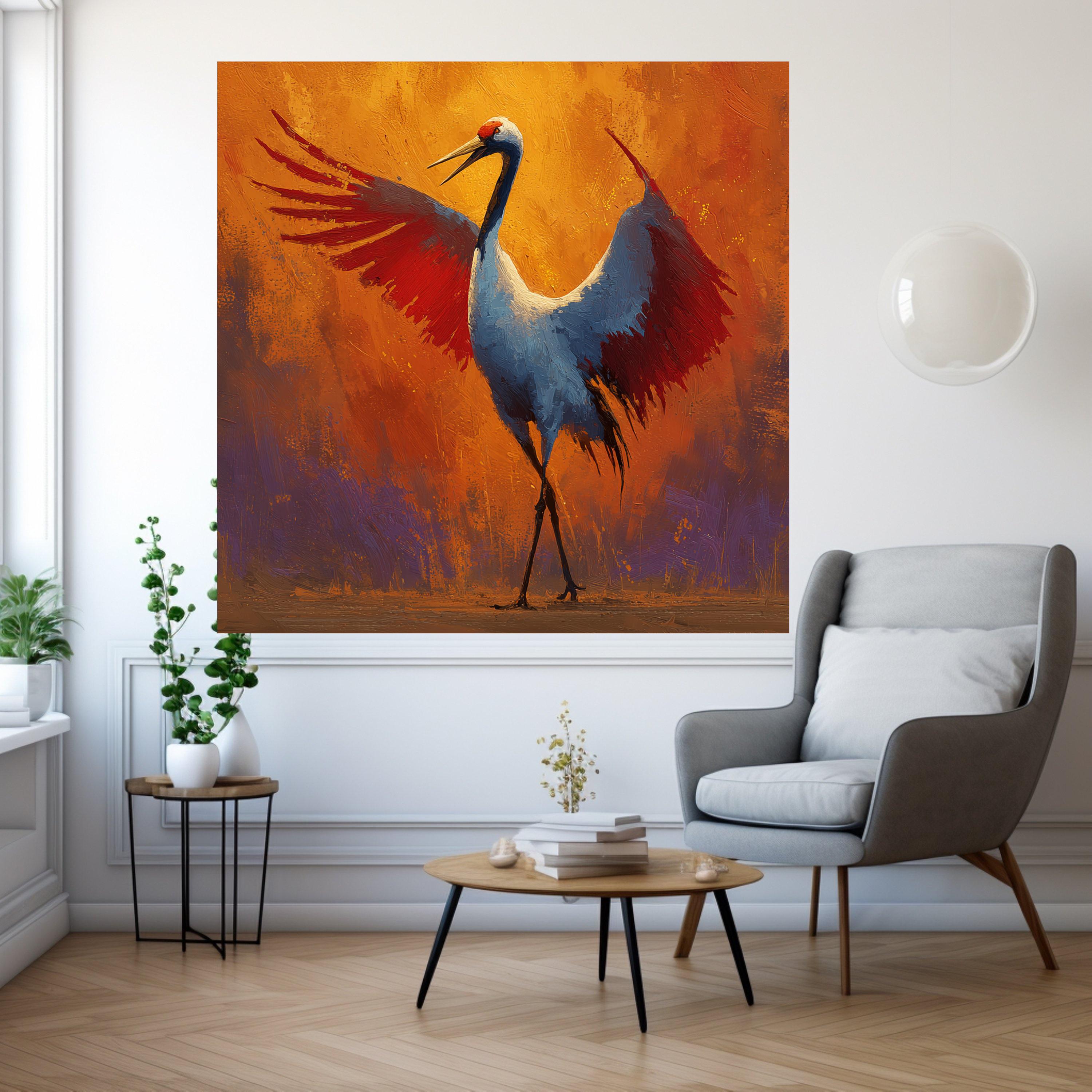 Majestic Crane Bird Canvas Wall Art, Vibrant Orange and Red Wings, Wildlife Painting, Nature Decor, Modern Abstract Canvas Ready To Hang,