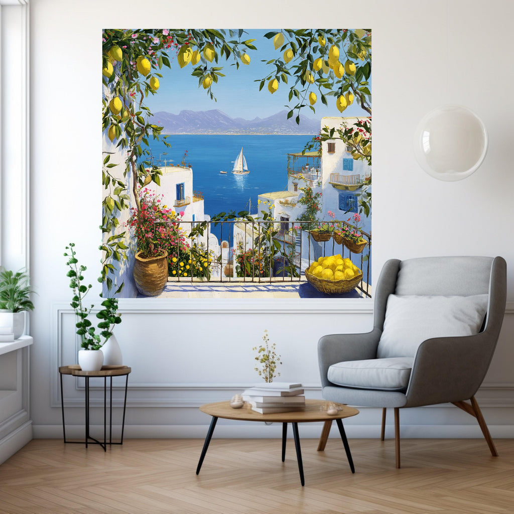 Mediterranean Balcony Canvas Print – Coastal Wall Art Ready to Hang – Lemon Tree Wall Decor for Kitchen or Living Room