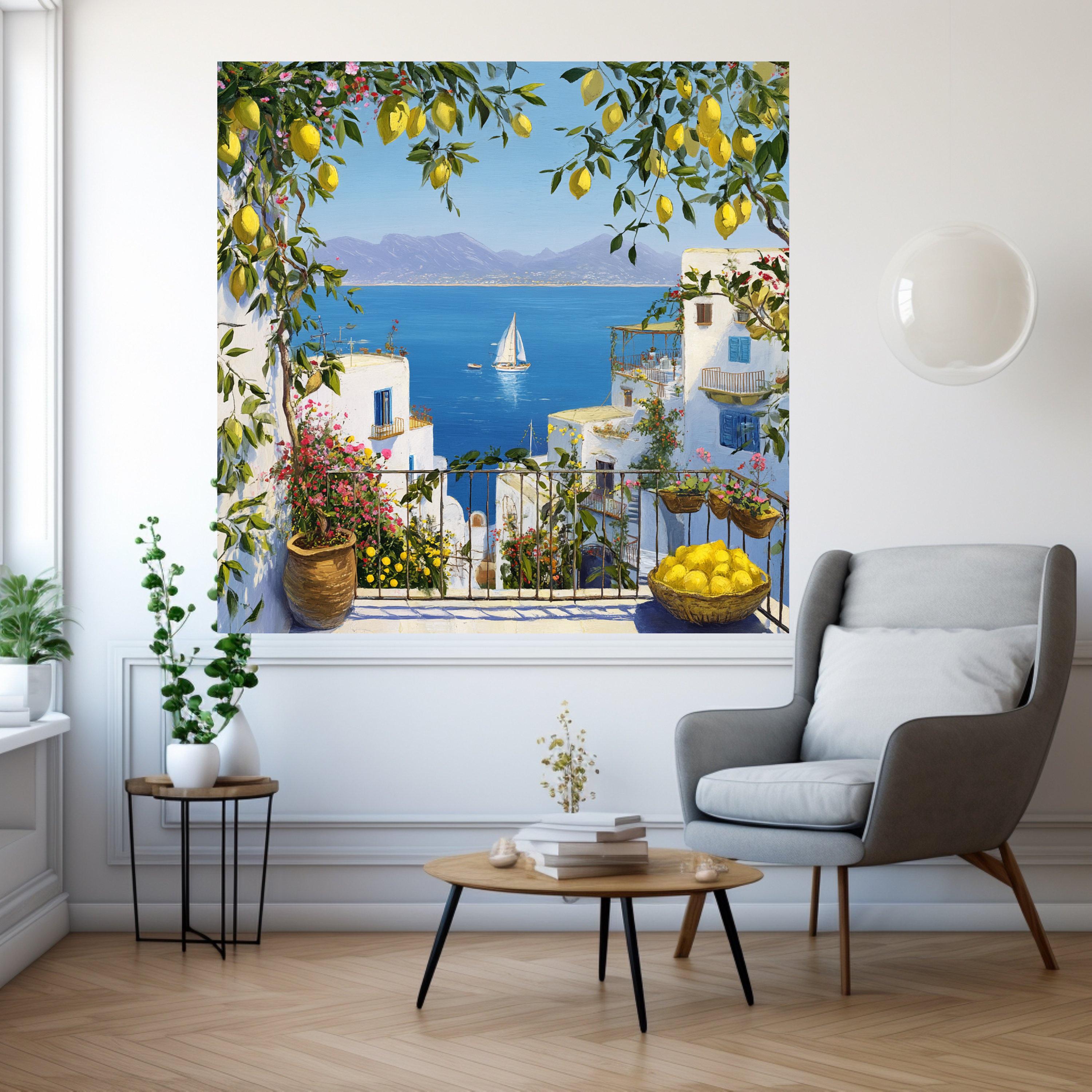 Mediterranean Balcony Canvas Print – Coastal Wall Art Ready to Hang – Lemon Tree Wall Decor for Kitchen or Living Room